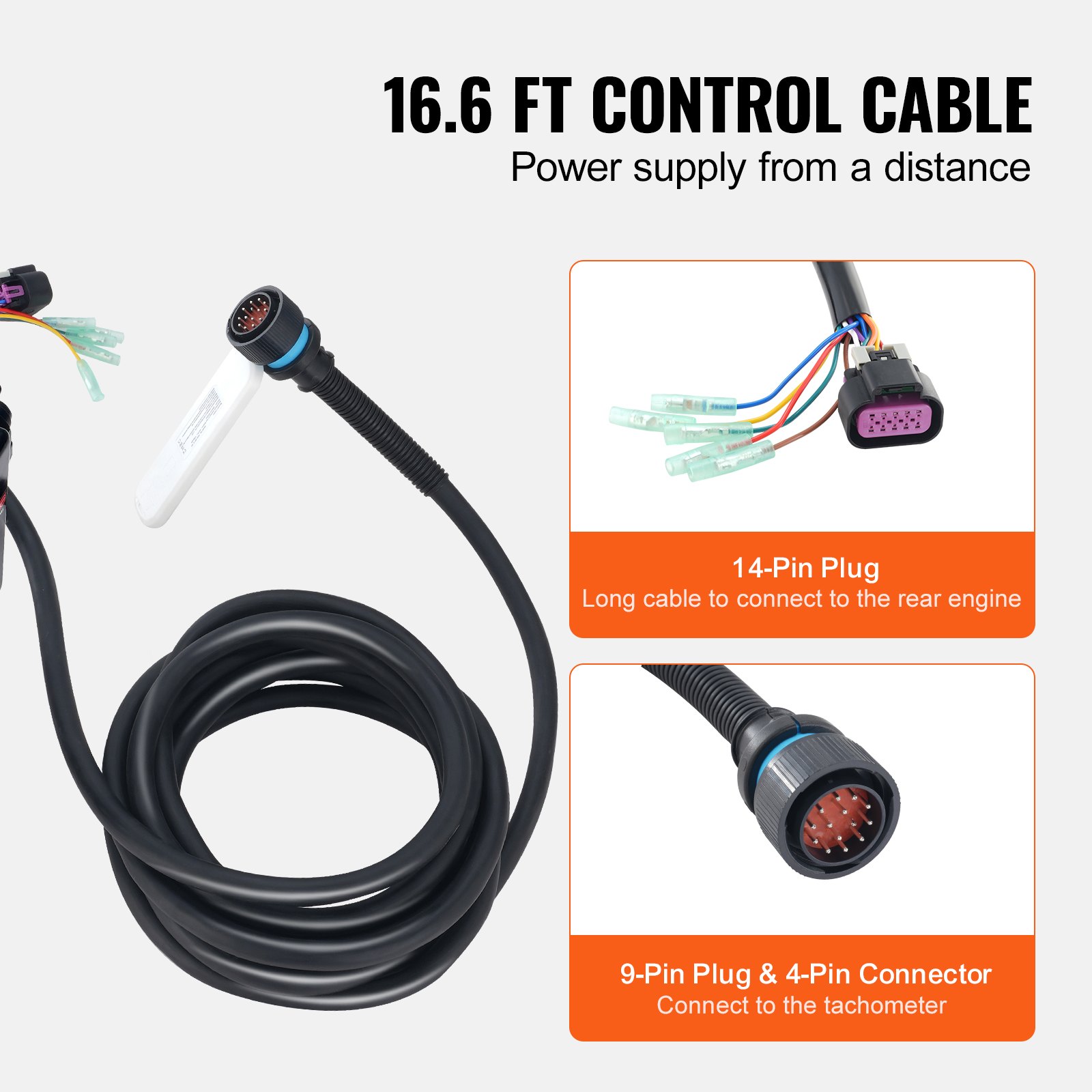 Cable de control de 16,6 pies con enchufe de 14 pines y conectores de 9 y 4 pines para el control del acelerador de barco VEVOR.