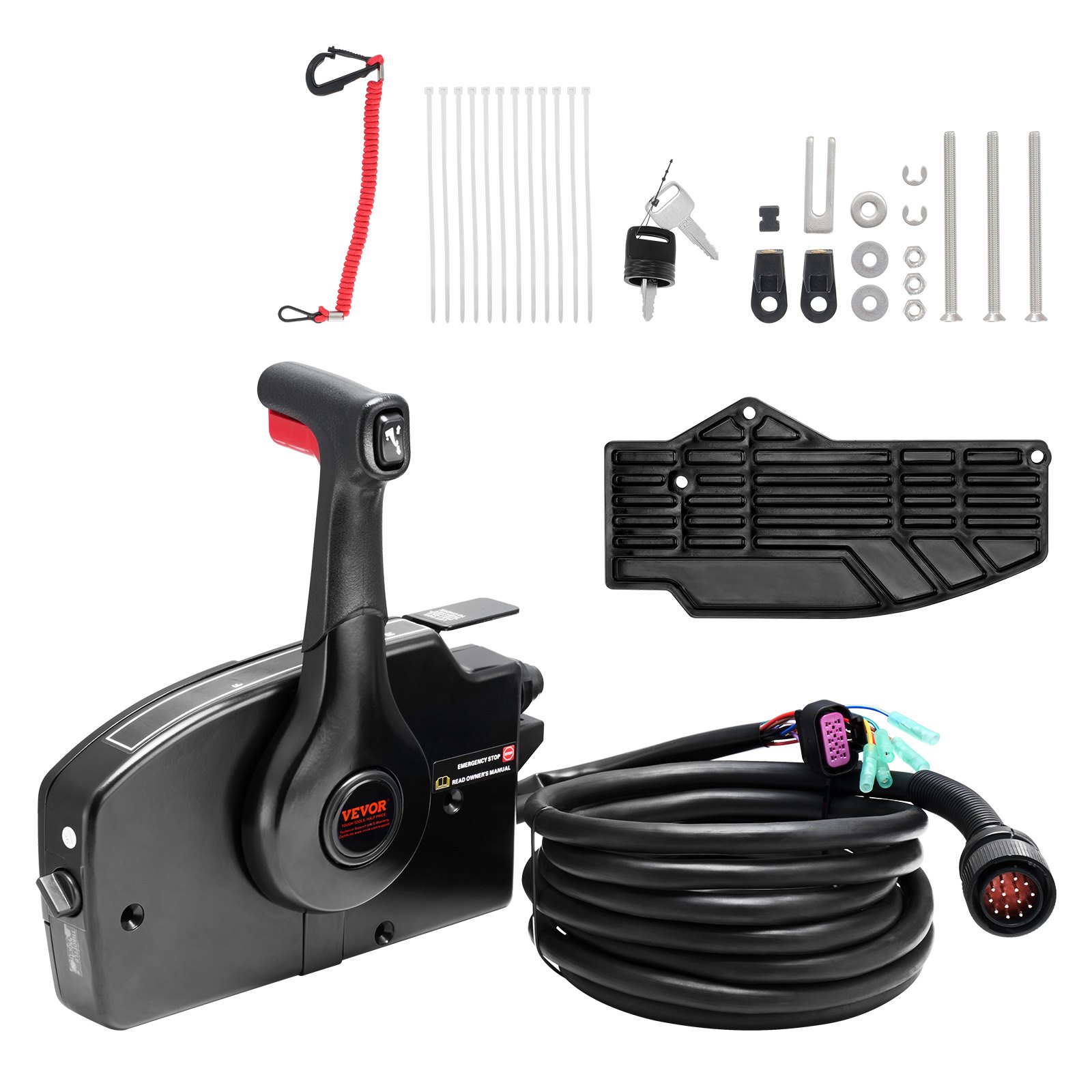 Control de acelerador de barco VEVOR con cable enrollado, cerradura con llave, cordón de seguridad rojo, hardware de montaje y cubierta negra.