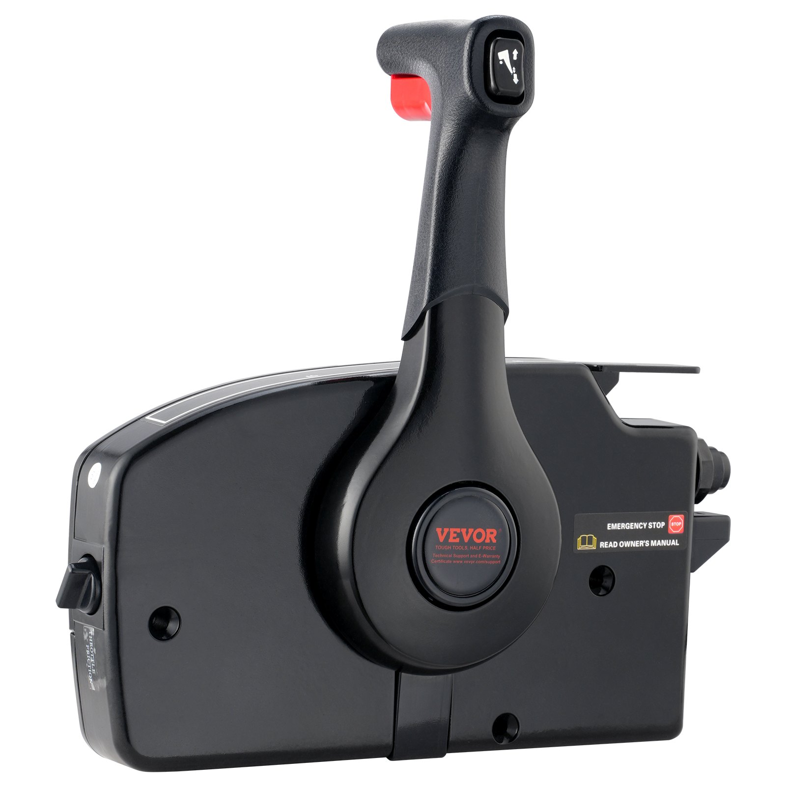 Control de acelerador de barco VEVOR con mango ergonómico y botón de parada de emergencia en color negro.
