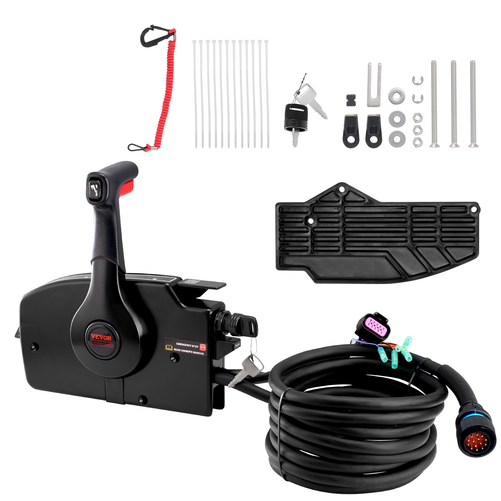 Control de acelerador de barco VEVOR con accesorios que incluyen cables, llaves, hardware y correa de seguridad.
