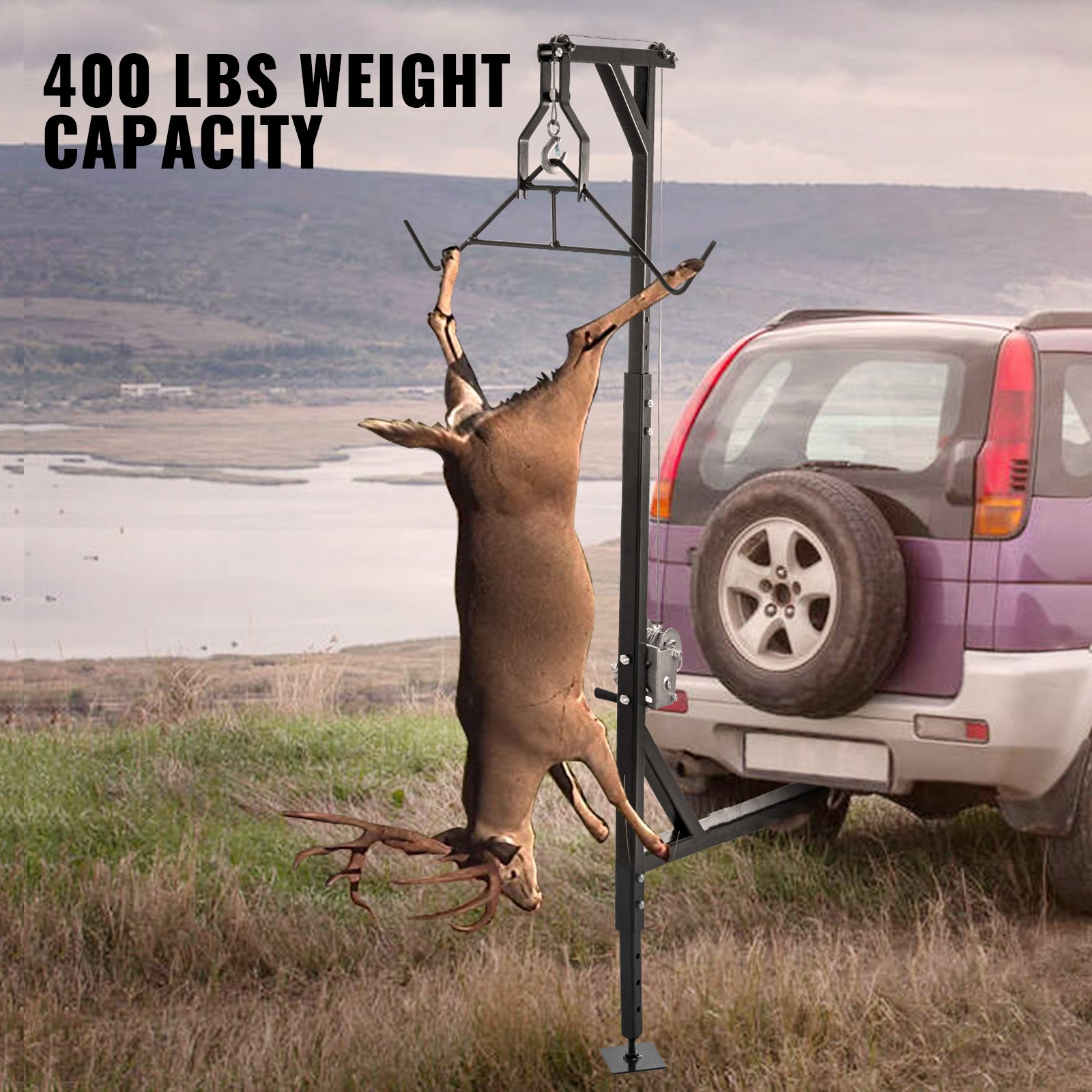VEVOR - Polipasto para ciervos con enganche, capacidad de 400 lb, polipasto para ciervos con enganche de camión de 2' con juego de elevación de cabrestante, base de pie, altura ajustable y giro de 360 grados para cazar y colgar.