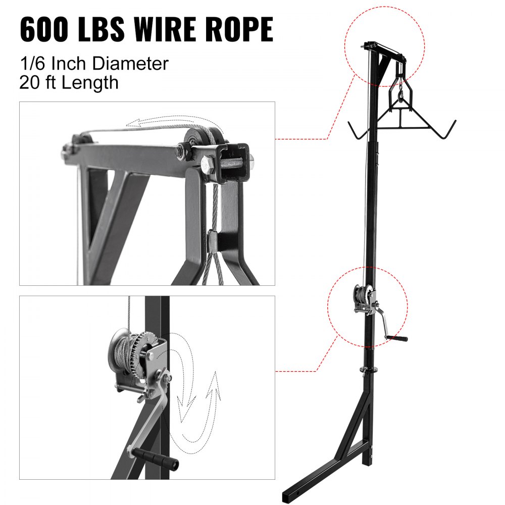 VEVOR - Polipasto de enganche para ciervos, capacidad de 227 kg, polipasto de enganche para camión de 60 cm con cabrestante y juego de ganchos, altura ajustable, percha de acero resistente para caza y carga