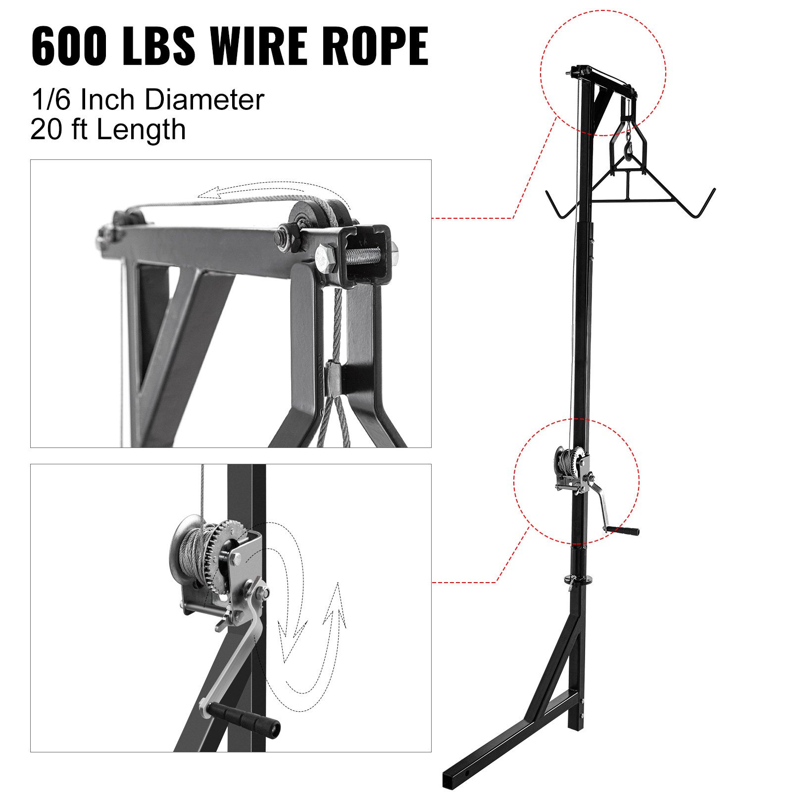 VEVOR - Polipasto de enganche para ciervos, capacidad de 227 kg, polipasto de enganche para camión de 60 cm con cabrestante y juego de ganchos, altura ajustable, percha de acero resistente para caza y carga