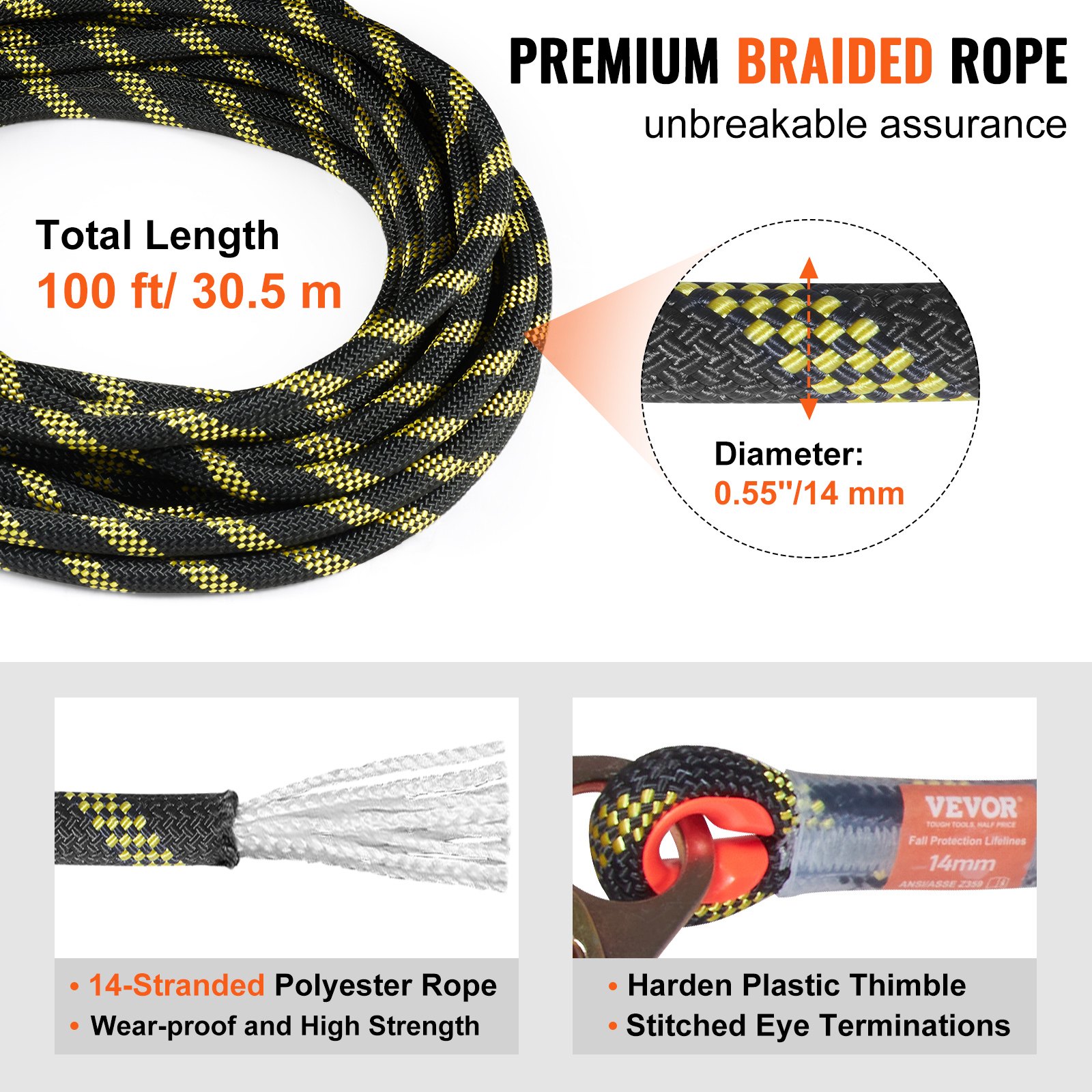 Conjunto de línea de vida vertical VEVOR, cuerda de poliéster trenzada de primera calidad de 14 mm, 100 pies, guardacabo de plástico endurecido.