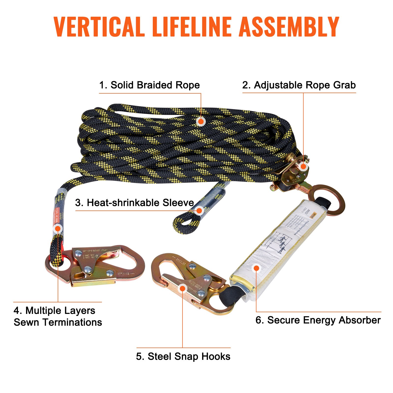 Conjunto de línea de vida vertical VEVOR con cuerda trenzada sólida, agarre de cuerda ajustable y ganchos de seguridad de acero.