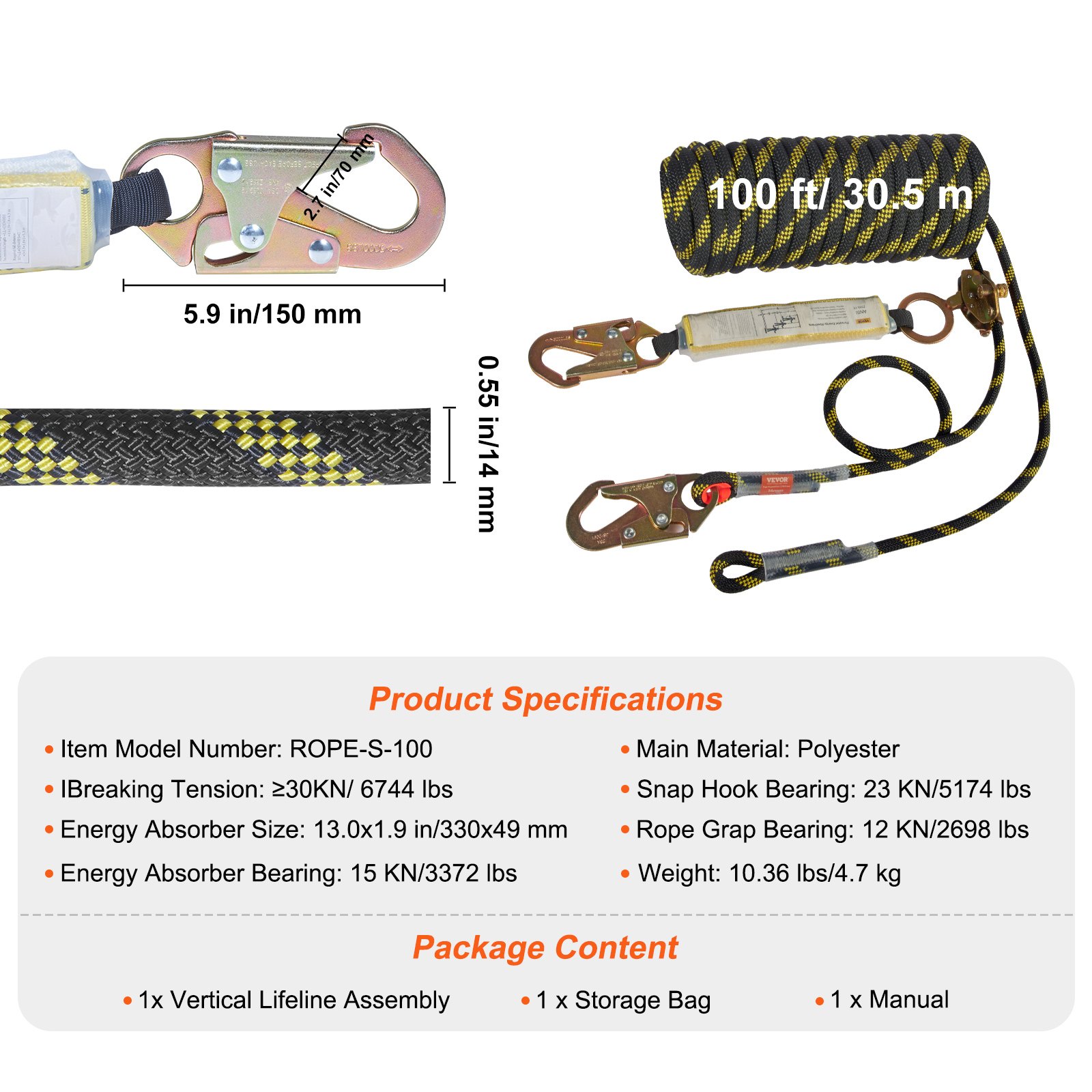 Conjunto de línea de vida vertical VEVOR, cuerda de 100 pies, gancho de seguridad, material de poliéster y especificaciones del producto.