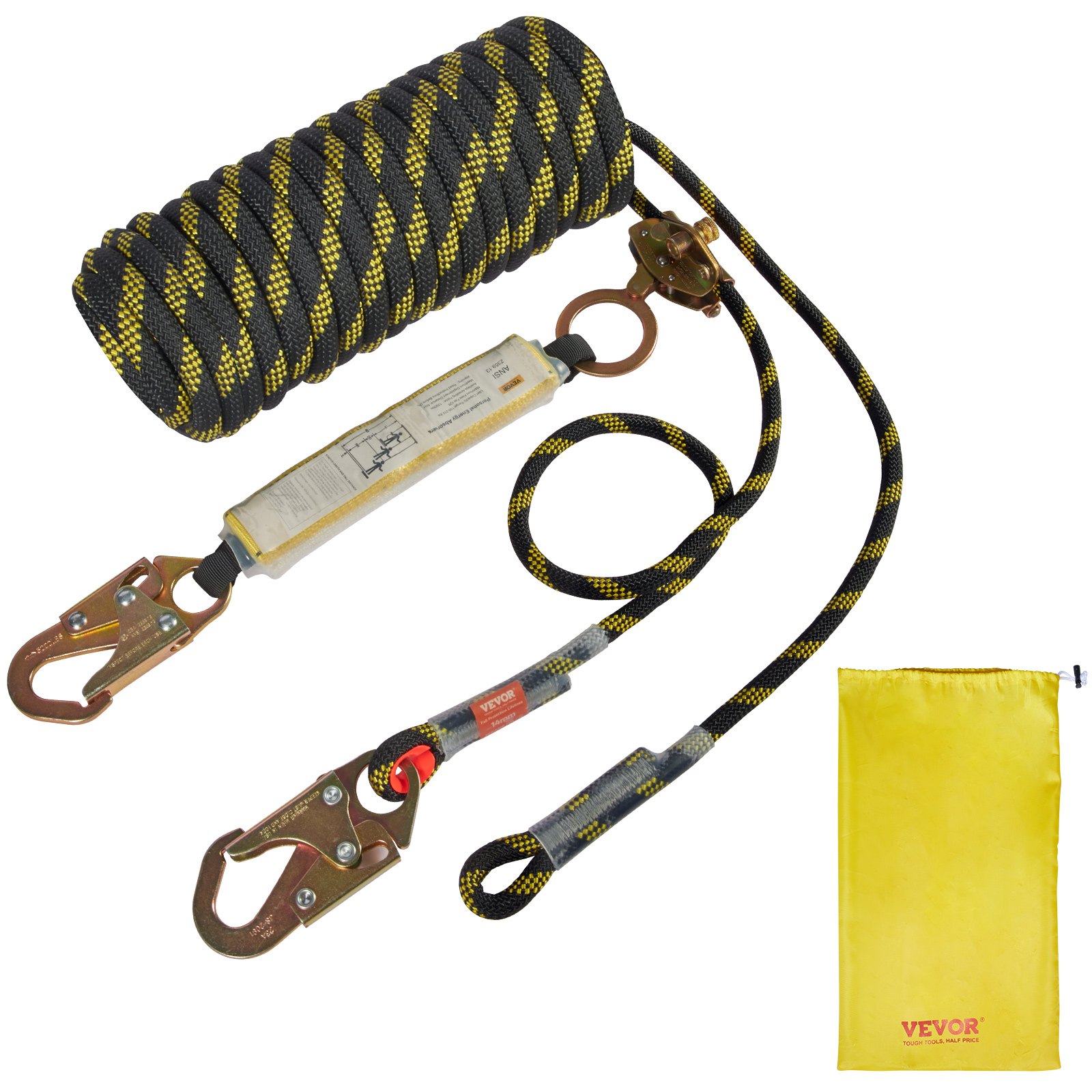 Conjunto de línea de vida vertical VEVOR con cuerda de seguridad, ganchos de seguridad y bolsa de almacenamiento amarilla.