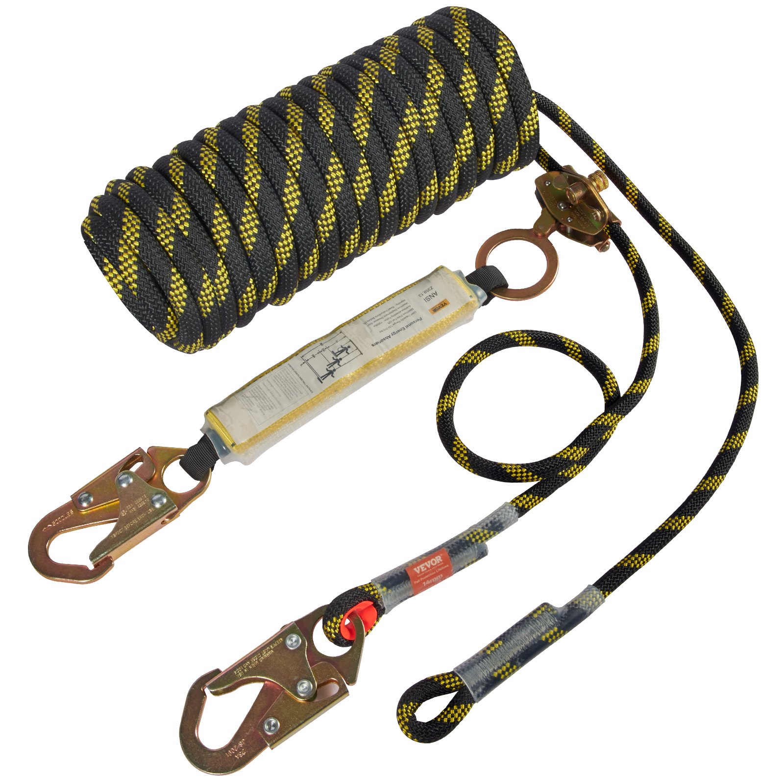 Conjunto de línea de vida vertical VEVOR negro y amarillo con ganchos y cordón de seguridad.
