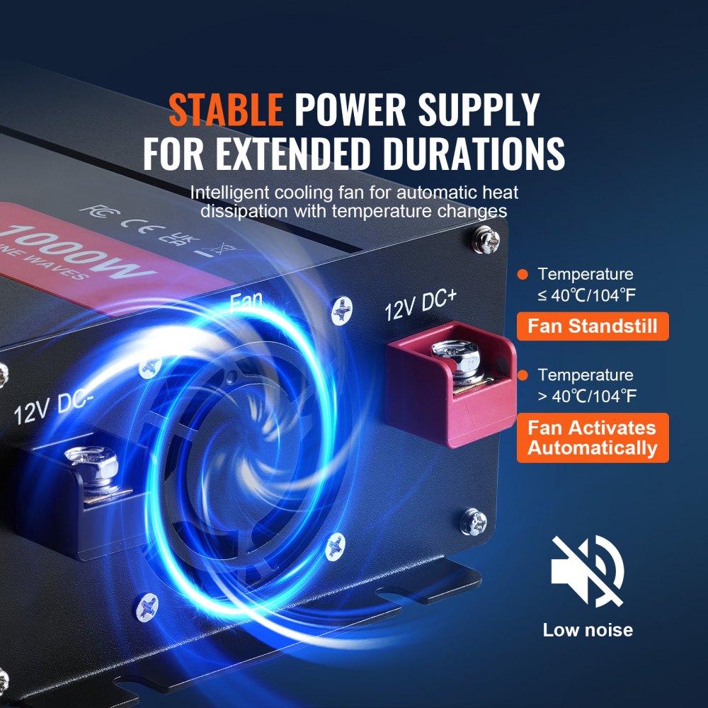 Convertidor de onda sinusoidal VEVOR, 1000 W, CC 12 V a CA 120 V, con dos tomas de CA, 1 USB, 1 tipo C, control remoto para dispositivos electrónicos portátiles, homologación CE/FCC.