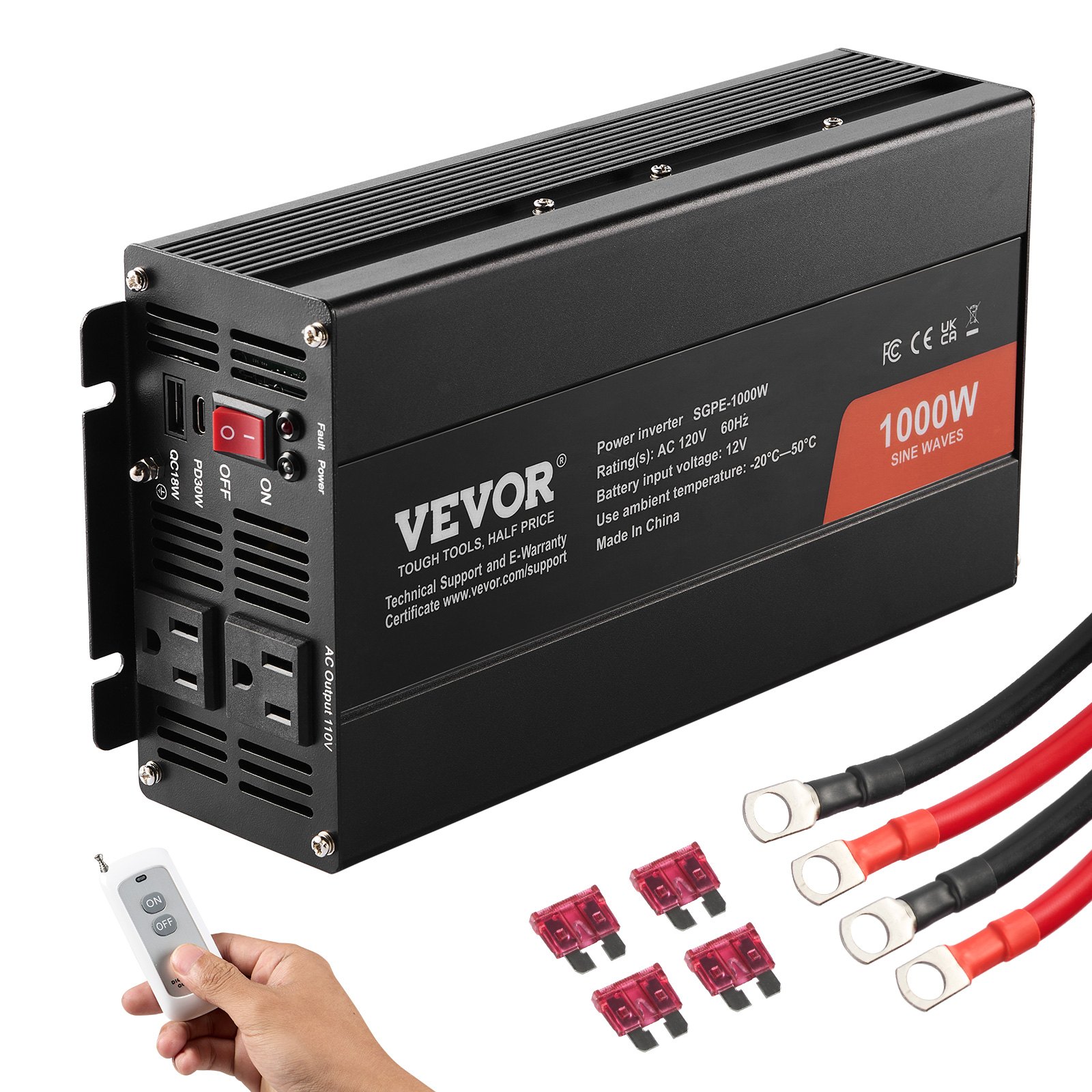 Convertidor de onda sinusoidal VEVOR, 1000 W, CC 12 V a CA 120 V, con dos tomas de CA, 1 USB, 1 tipo C, control remoto para dispositivos electrónicos portátiles, homologación CE/FCC.