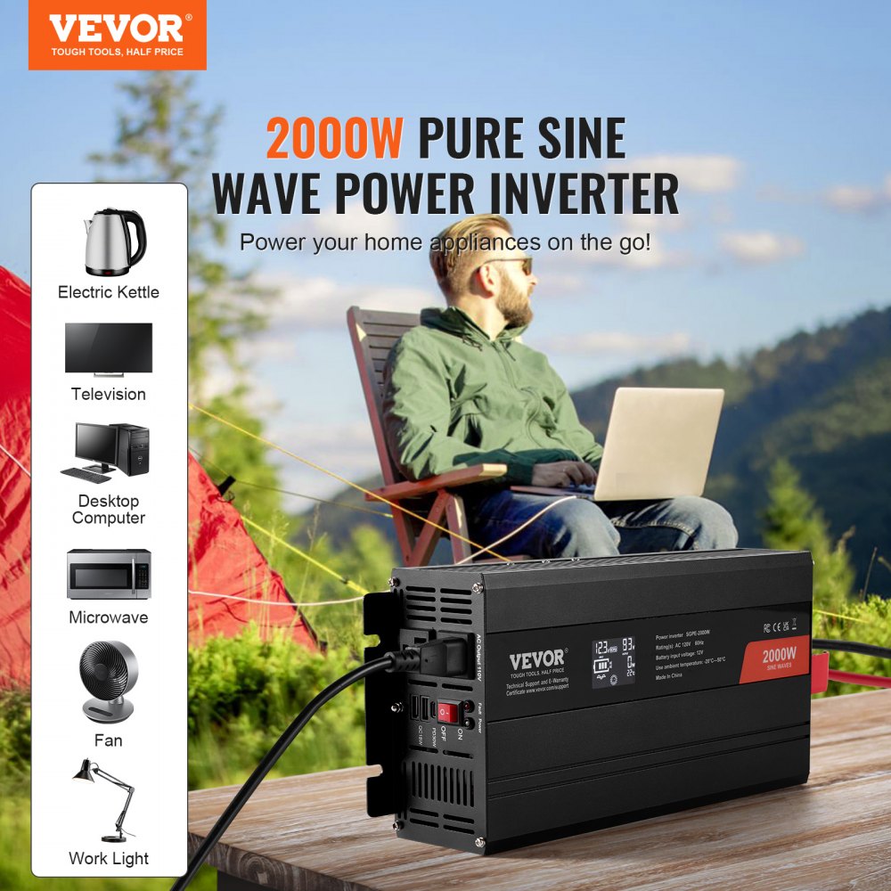 Inversor de onda sinusoidal pura VEVOR de 2000 vatios, de 12 V CC a 110 V CA, con 2 salidas de CA, 2 puertos USB y 1 puerto tipo C, pantalla LCD y control remoto para electrodomésticos medianos. Certificación CE y FCC.