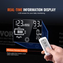 VEVOR Inversor de onda sinusoidal pura, 2000 vatios, inversor de corriente CC 12 V a CA 120 V con 2 salidas CA 2 puertos USB 1 puerto tipo C, pantalla LCD y control remoto para equipos domésticos de tamaño mediano, CE FCC