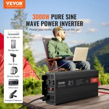 VEVOR Inversor de onda sinusoidal pura, 3000 vatios, inversor de corriente CC 12 V a CA 120 V con 2 salidas CA 2 puertos USB 1 puerto tipo C, pantalla LCD y control remoto para electrodomésticos grandes, certificado CE FCC