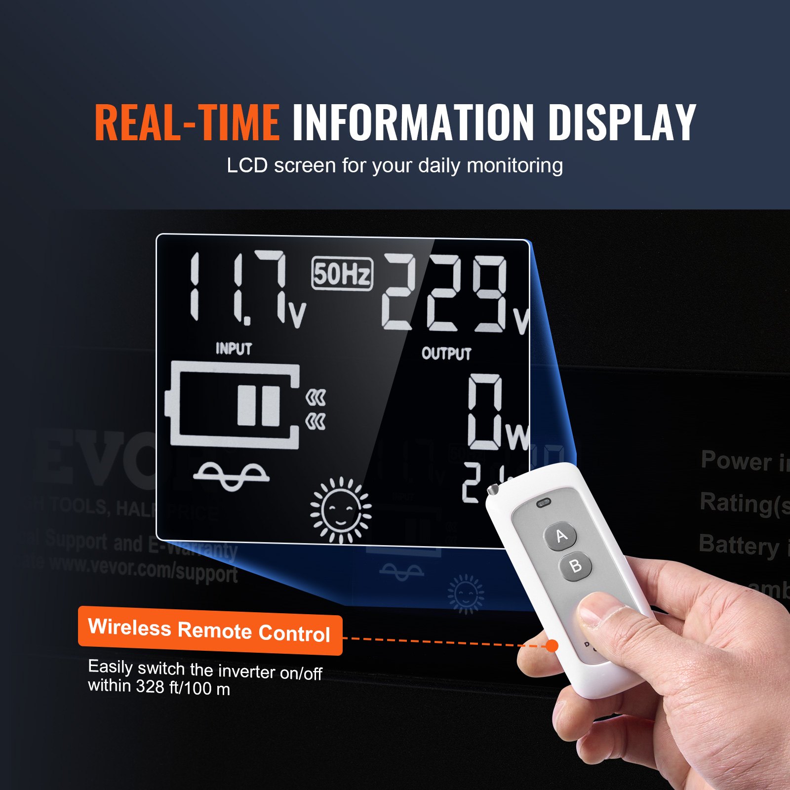 Inversor de onda sinusoidal pura VEVOR de 3000 vatios, convertidor de CC 12 V a CA 120 V con 2 salidas de CA, 2 puertos USB y 1 puerto tipo C, pantalla LCD y control remoto para electrodomésticos grandes. Certificación CE y FCC.
