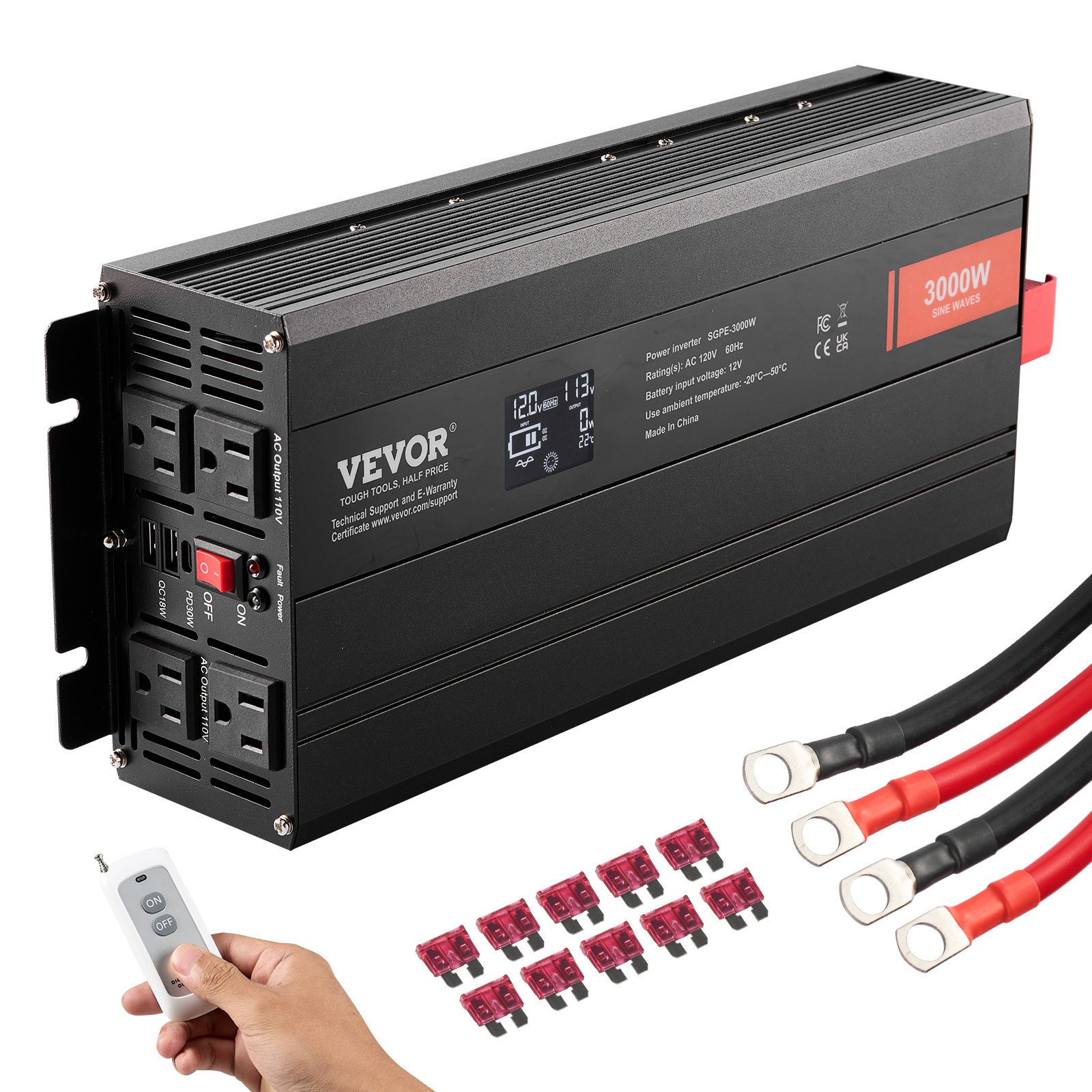 Inversor de onda sinusoidal pura VEVOR de 3000 vatios, convertidor de CC 12 V a CA 120 V con 2 salidas de CA, 2 puertos USB y 1 puerto tipo C, pantalla LCD y control remoto para electrodomésticos grandes. Certificación CE y FCC.