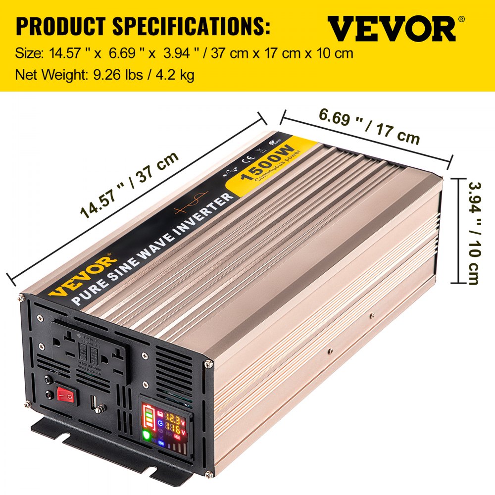 Inversor de onda sinusoidal pura VEVOR, 1500w, 14,57 x 6,69 x 3,94 pulgadas, color dorado.
