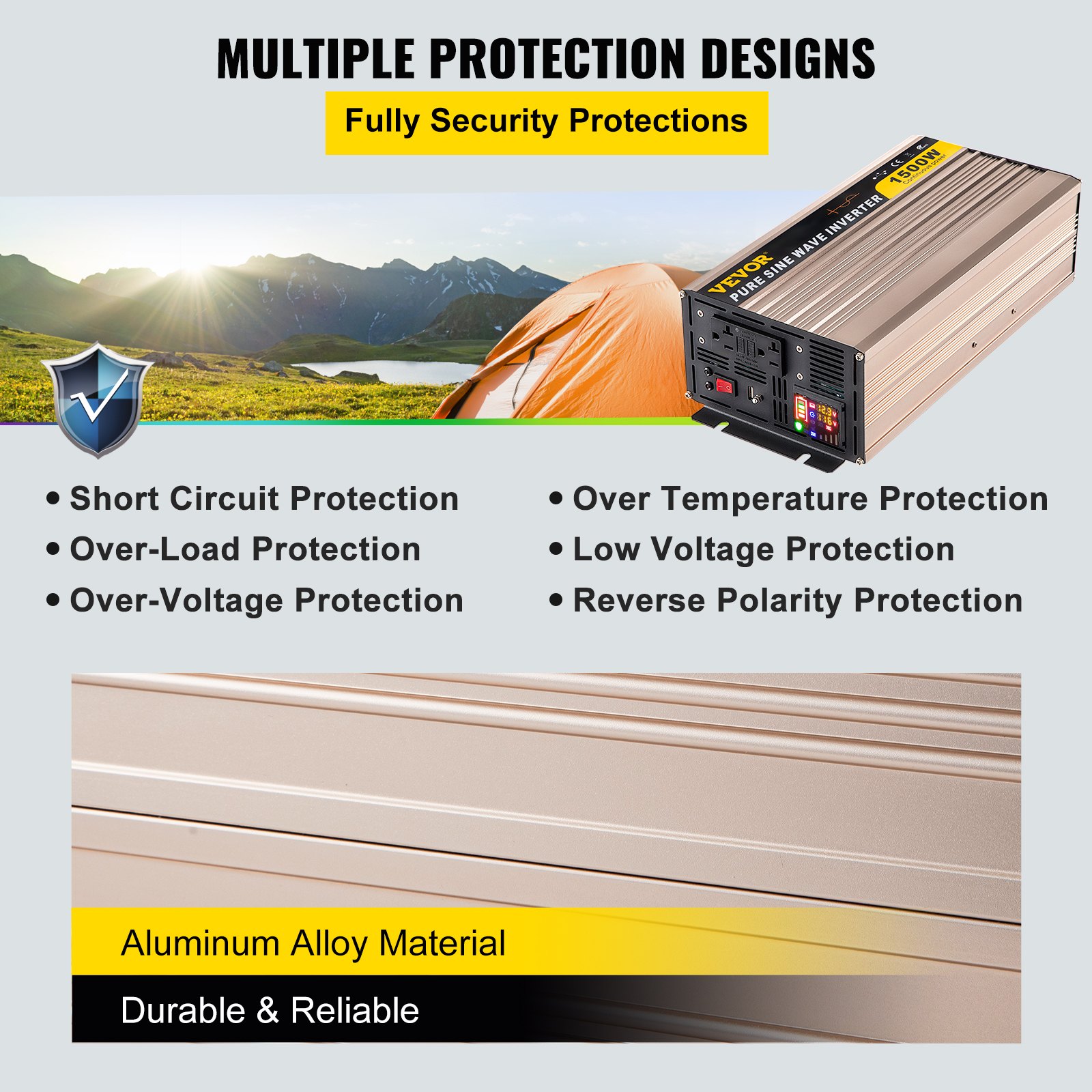Inversor de onda sinusoidal pura VEVOR con múltiples diseños de protección y material de aleación de aluminio.