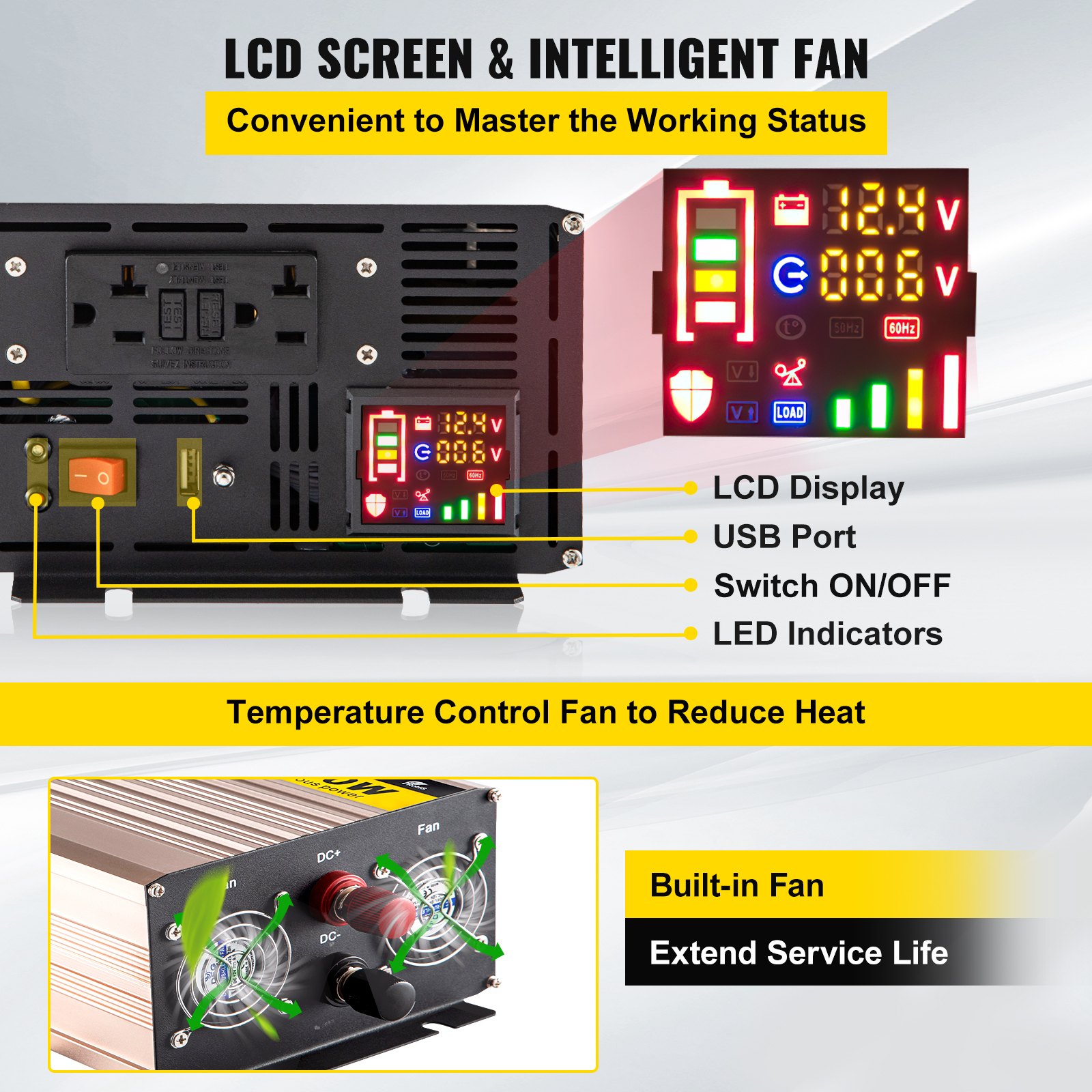 Inversor de onda sinusoidal pura VEVOR con pantalla LCD, puerto USB, interruptor y ventilador incorporado.