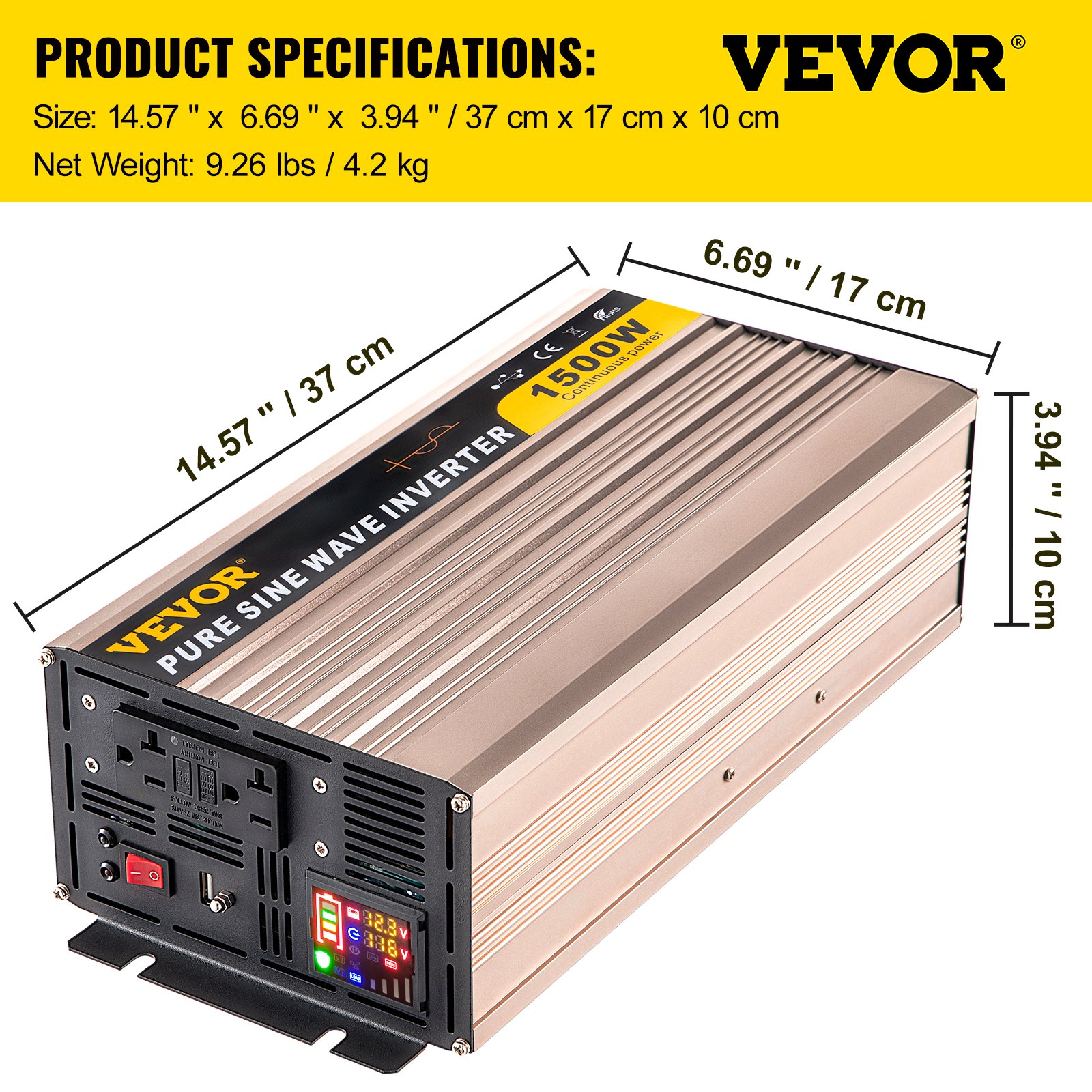 Inversor de onda sinusoidal pura VEVOR, 1500w, 14,57 x 6,69 x 3,94 pulgadas, color dorado.