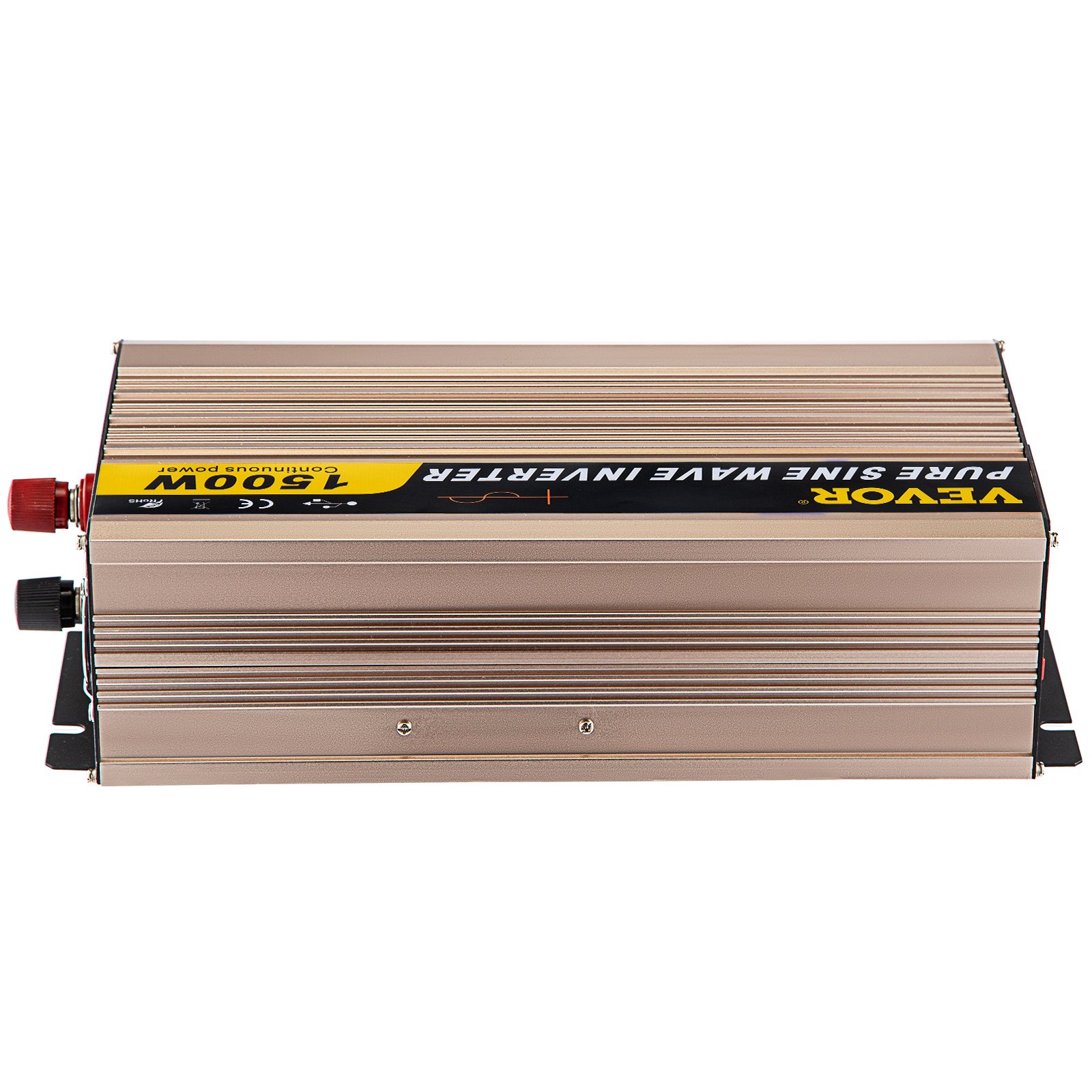 Inversor de onda sinusoidal pura VEVOR, 1500w de potencia continua en carcasa dorada con conectores negros y rojos.