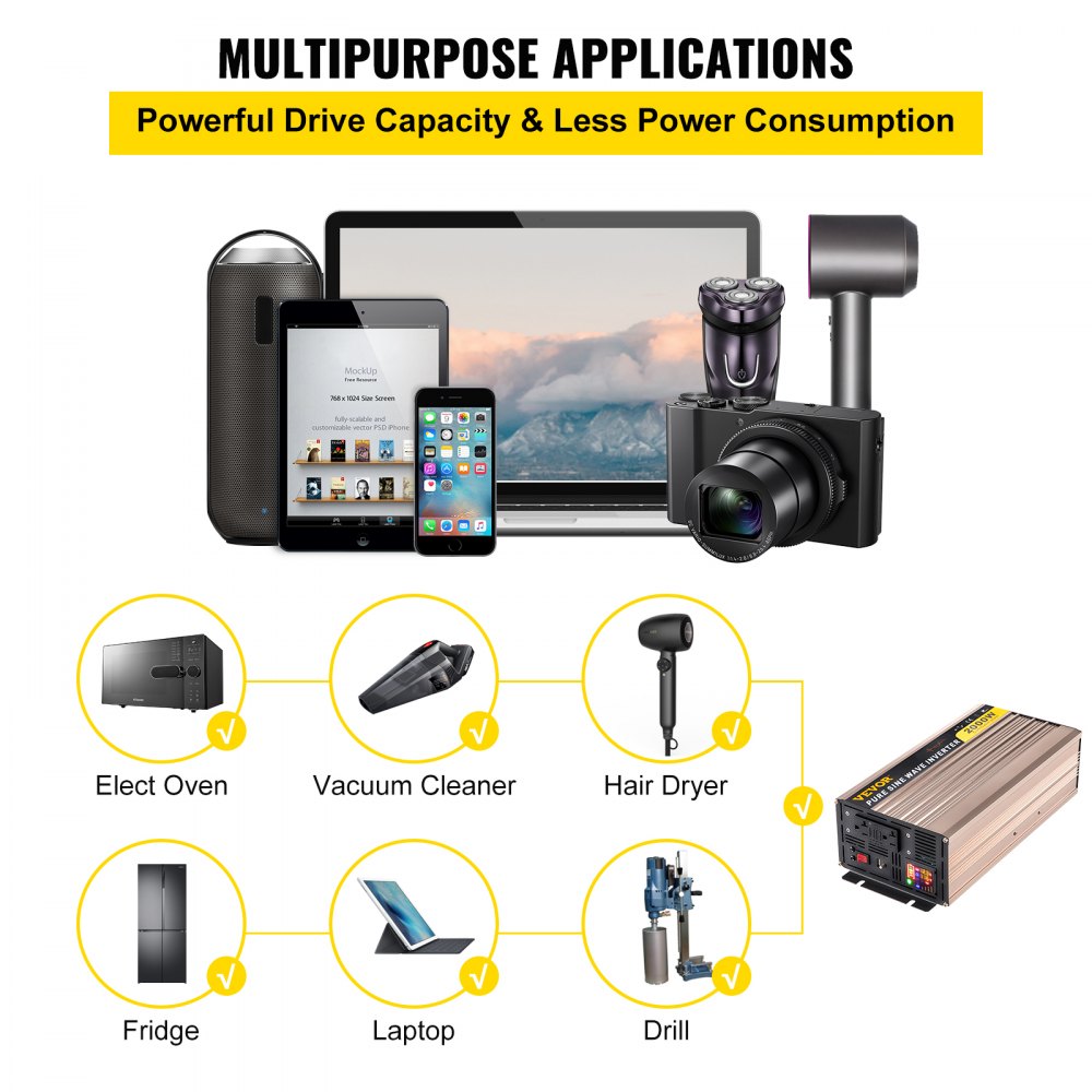 Tuspuzz Inversor de corriente de onda sinusoidal pura VEVOR 2000W DC12V a AC110V Convertidor LCD