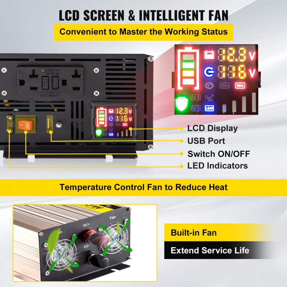 Tuspuzz Inversor de corriente de onda sinusoidal pura VEVOR 2000W DC12V a AC110V Convertidor LCD