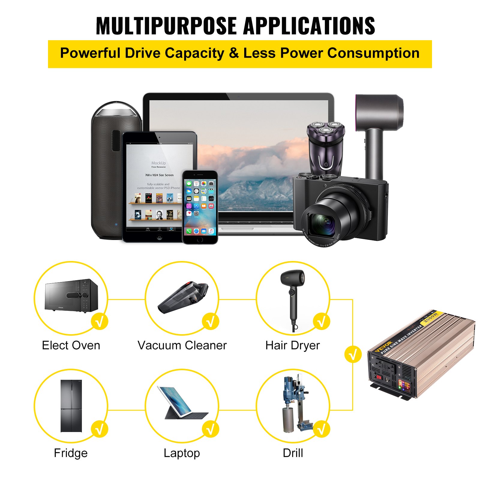 Tuspuzz Inversor de corriente de onda sinusoidal pura VEVOR 2000W DC12V a AC110V Convertidor LCD