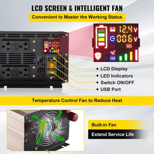 Inversor de corriente de onda sinusoidal pura VEVOR 3000W DC12V a AC110V Convertidor LCD