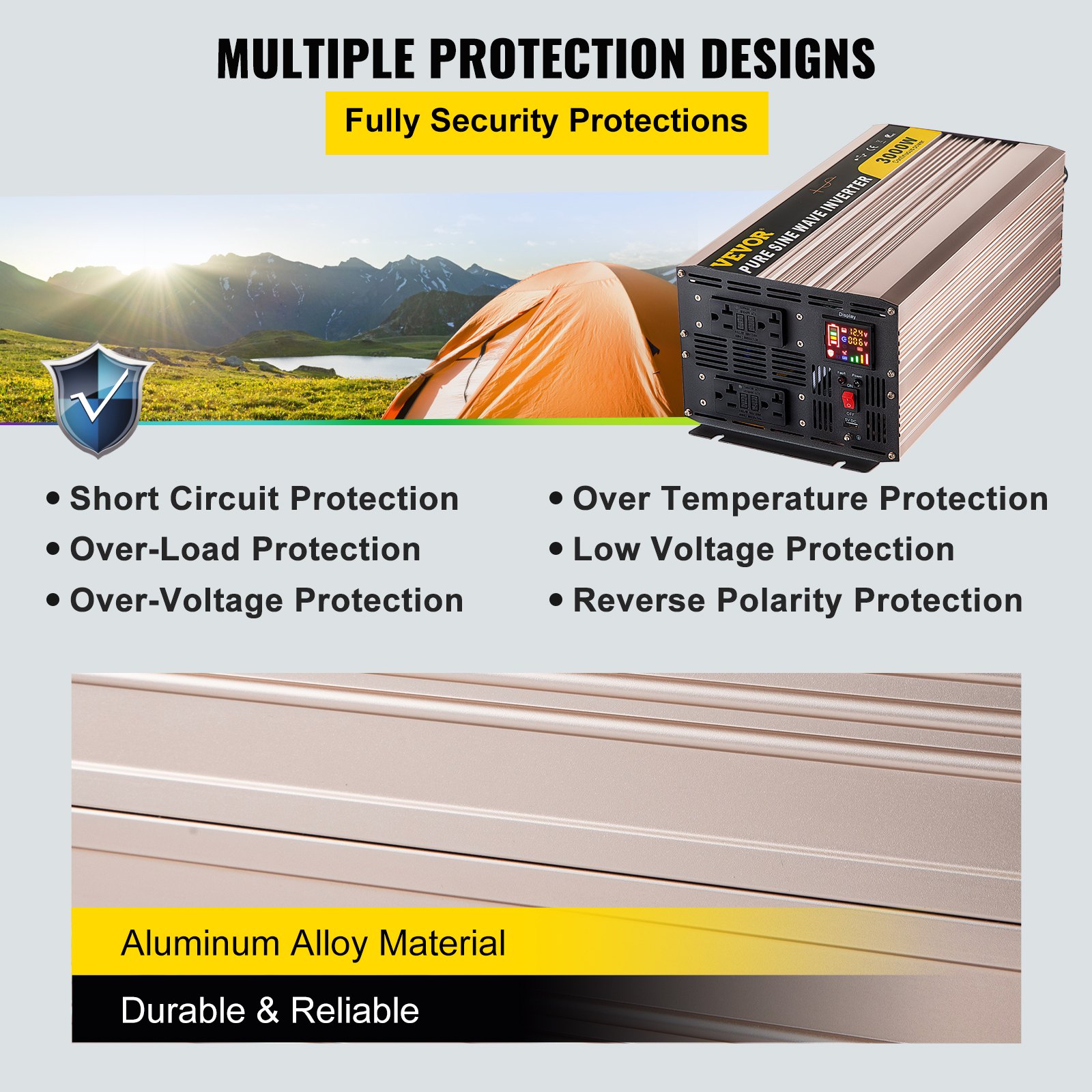 Inversor de onda sinusoidal pura VEVOR con múltiples funciones de protección y material de aleación de aluminio.