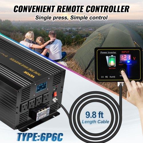 Inversor de energía de onda sinusoidal pura VEVOR 3500W DC12V a AC120V inversor LCD