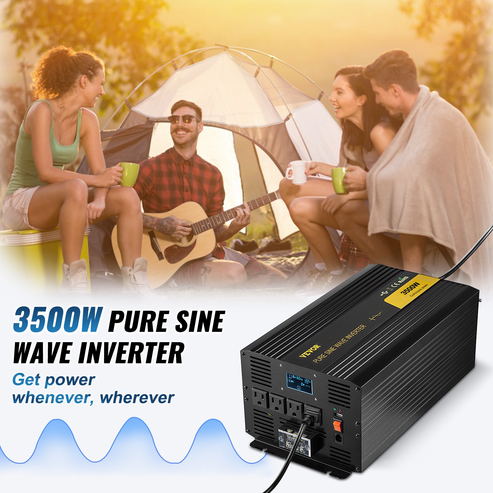 Camping grupal con inversor de onda sinusoidal pura VEVOR, fuente de alimentación de 3500 W para uso en exteriores.