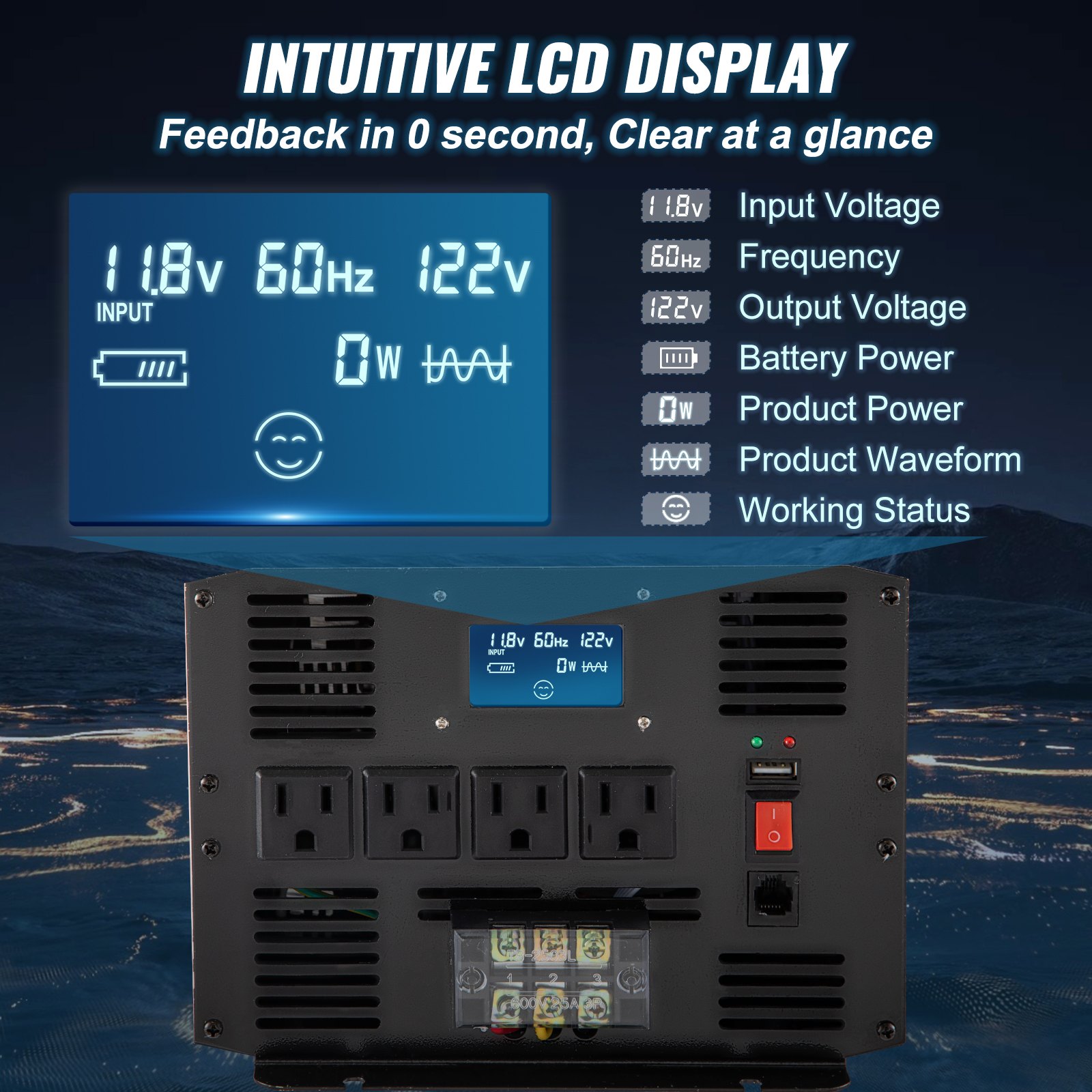 Inversor de onda sinusoidal pura VEVOR con pantalla LCD intuitiva y múltiples tomas de corriente.