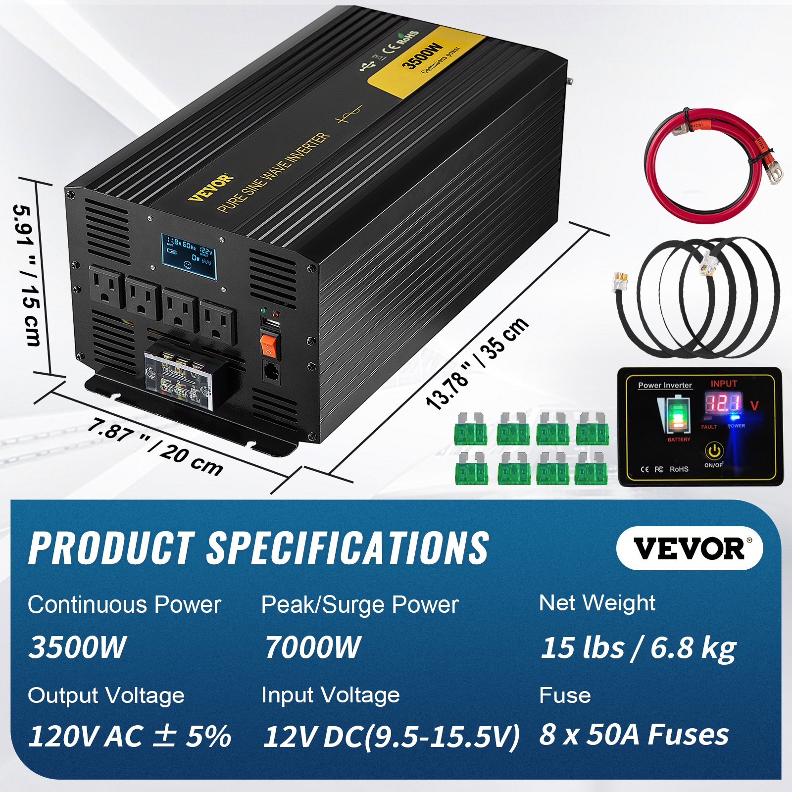 Inversor de onda sinusoidal pura VEVOR, 3500w continuos, 7000w pico, dimensiones del producto y accesorios mostrados.