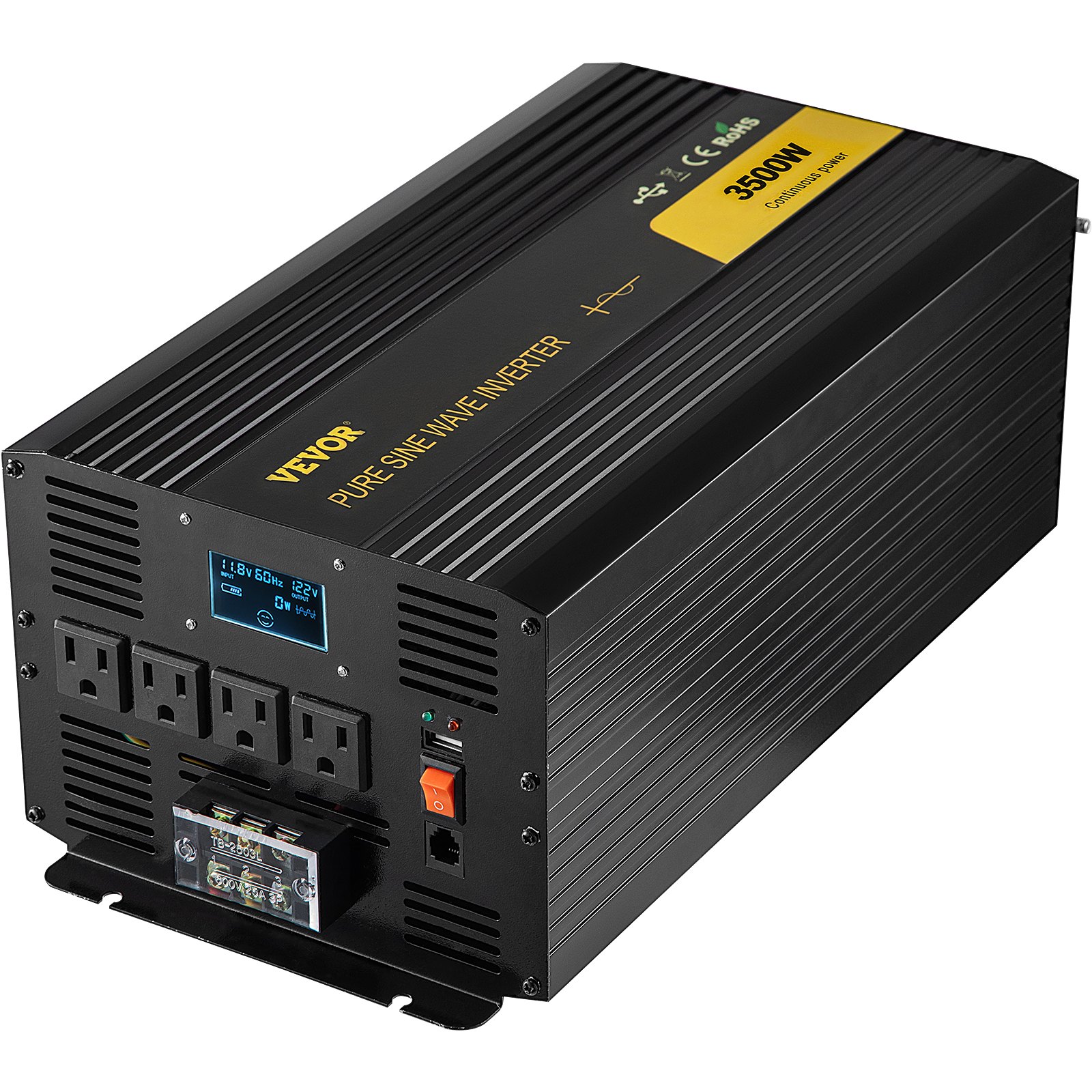 Inversor de onda sinusoidal pura VEVOR, 3500w, negro, con pantalla lcd y múltiples salidas.