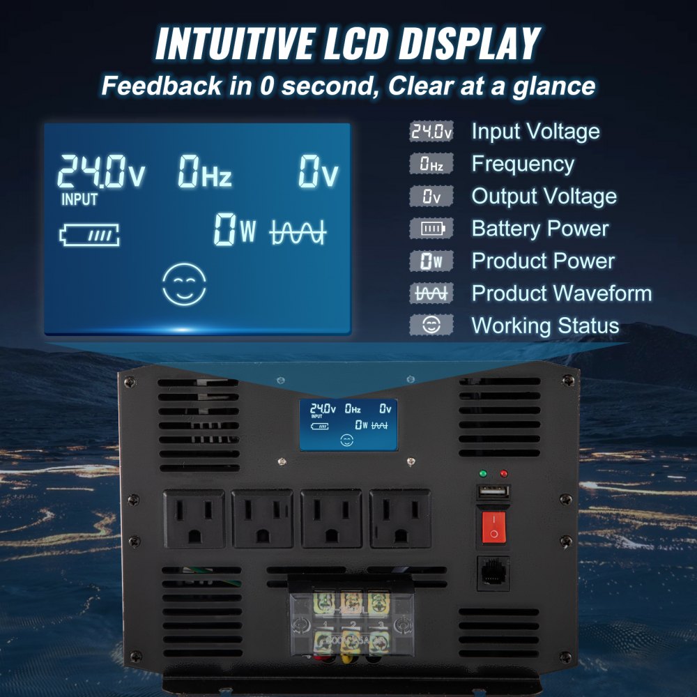 Inversor de onda sinusoidal pura VEVOR con pantalla LCD intuitiva y múltiples opciones de entrada.