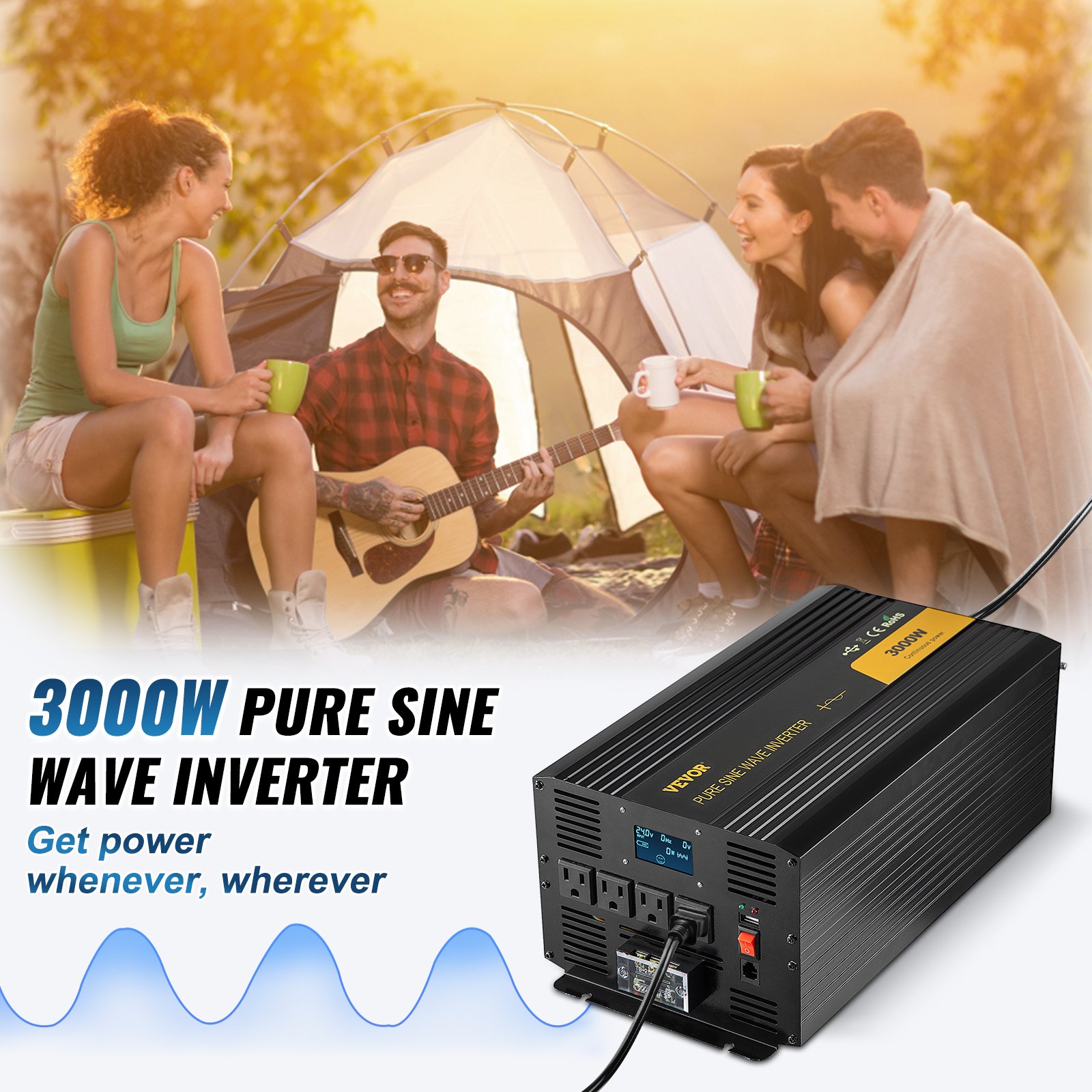 Los campistas disfrutan del aire libre con el inversor de onda sinusoidal pura VEVOR para una energía confiable.