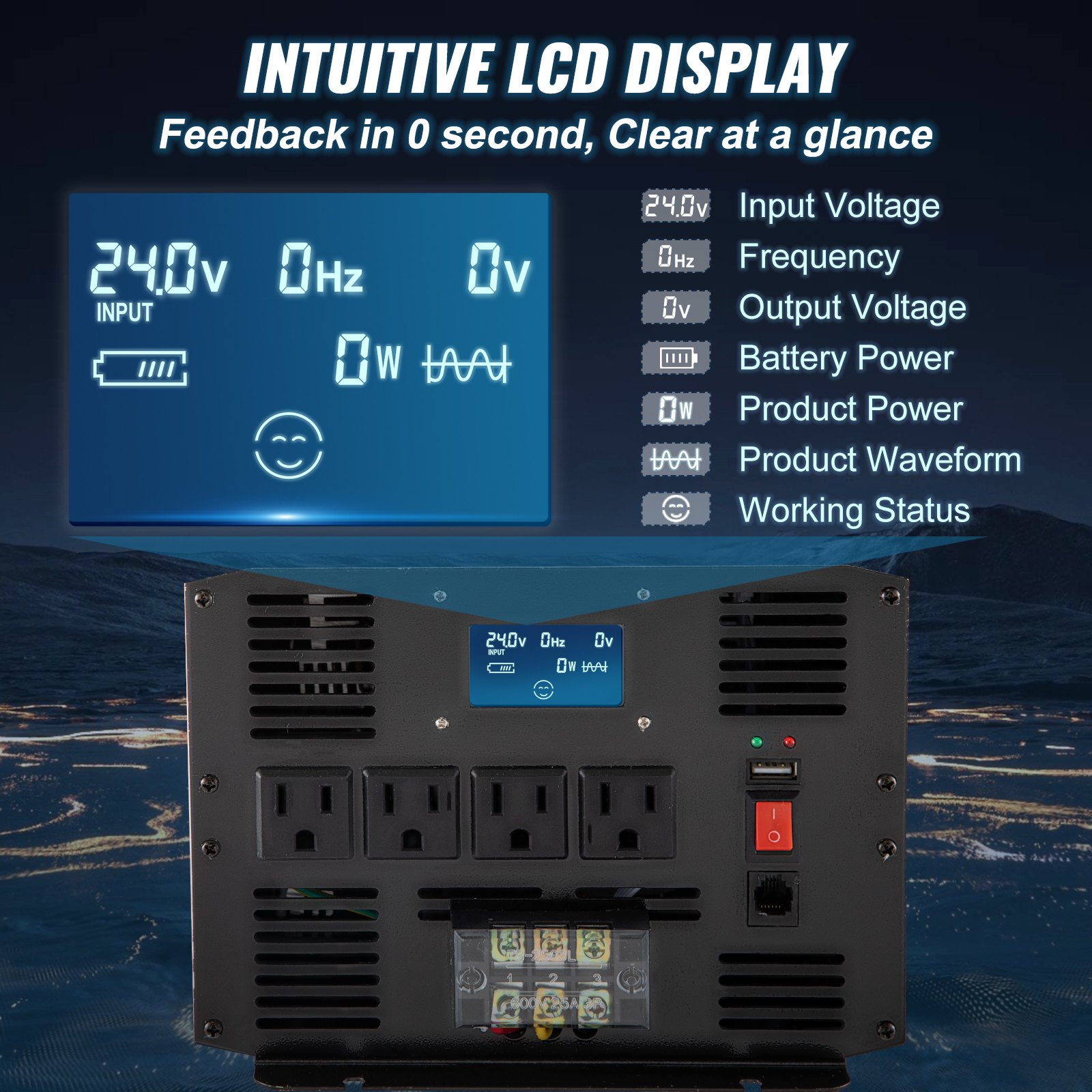 Inversor de onda sinusoidal pura VEVOR con pantalla LCD intuitiva y múltiples opciones de entrada.