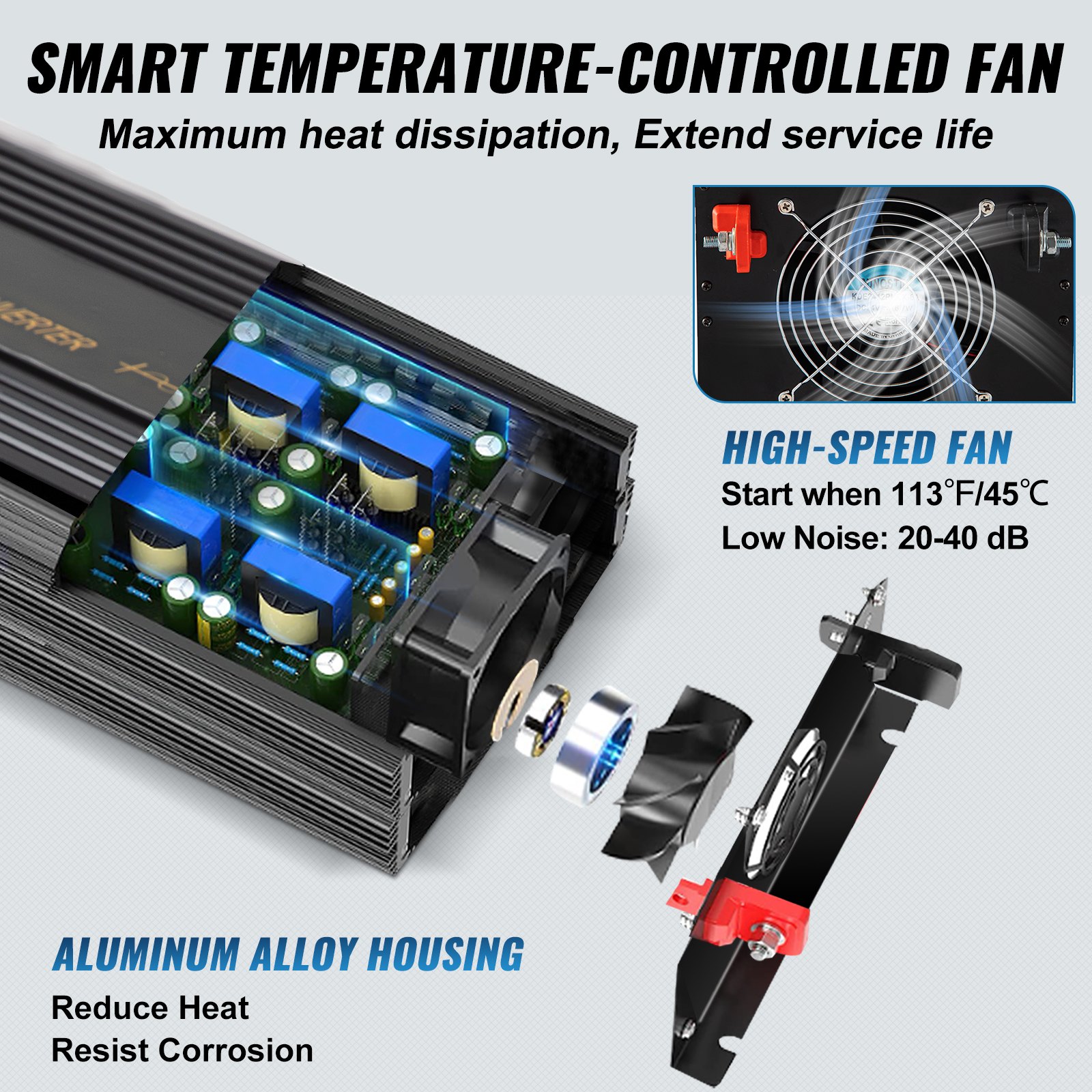 Inversor de onda sinusoidal pura VEVOR con ventilador de alta velocidad con control de temperatura inteligente y carcasa de aleación de aluminio.