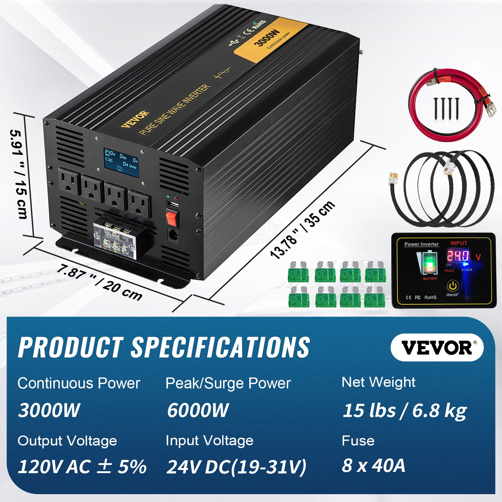 Inversor de onda sinusoidal pura VEVOR, 3000 W continuos, 6000 W pico, entrada de 120 V CA, 24 V CC.