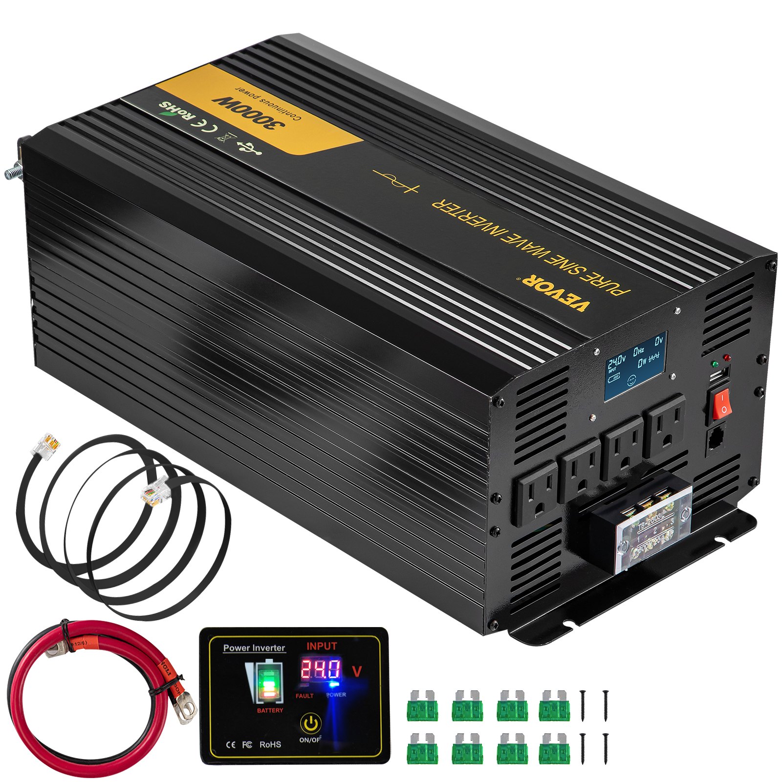 Inversor de onda sinusoidal pura VEVOR 3000w con cables, pantalla y fusibles.