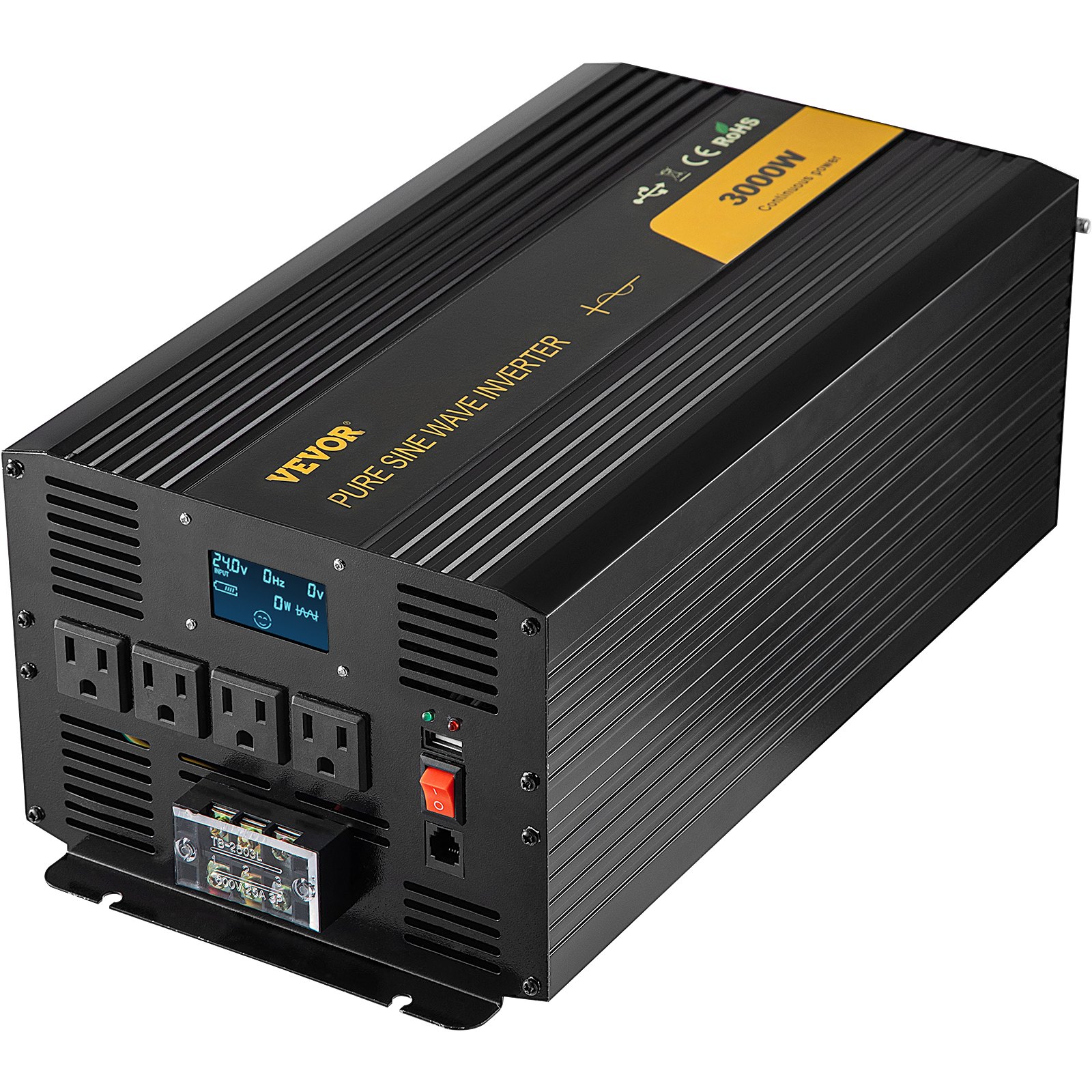 Inversor de onda sinusoidal pura VEVOR, 3000w, negro con pantalla y múltiples salidas.