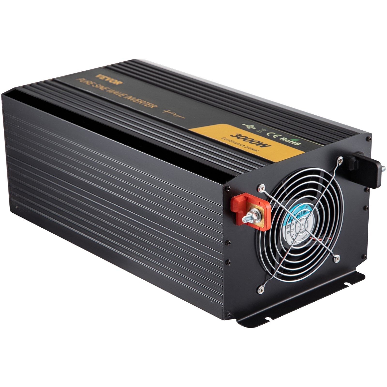 Inversor de onda sinusoidal pura VEVOR, carcasa negra, 3000w, ventilador de refrigeración y terminales.