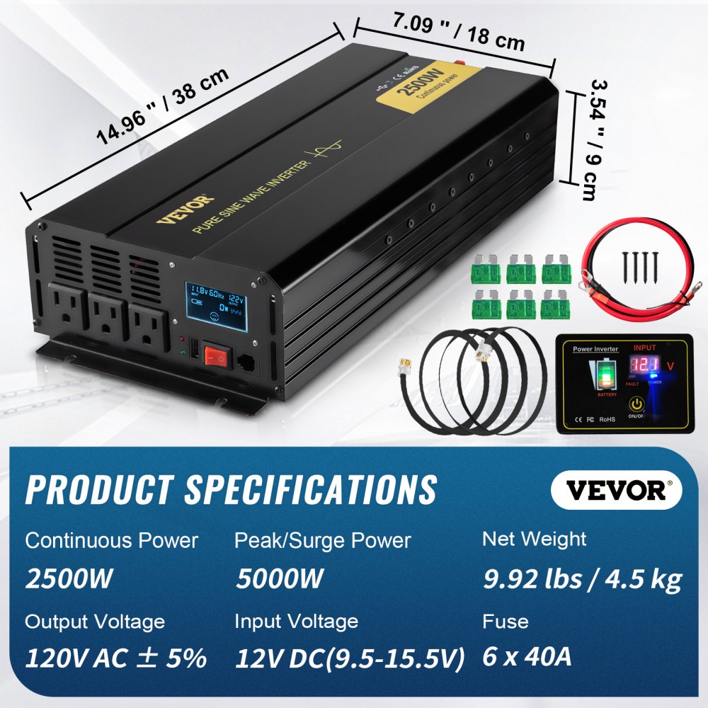 Inversor de onda sinusoidal pura VEVOR con especificaciones, cables y fusibles incluidos.