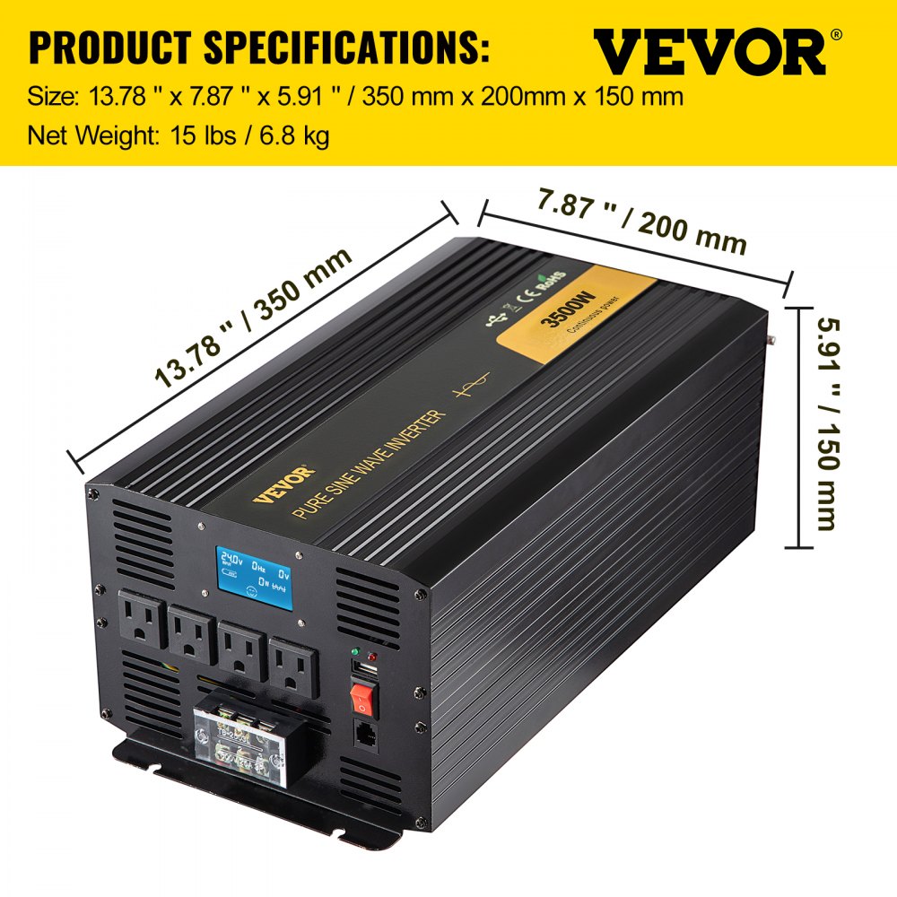 Inversor de onda sinusoidal pura VEVOR, dimensiones 13,78&quot;x7,87&quot;x5,91&quot;, 3500w.