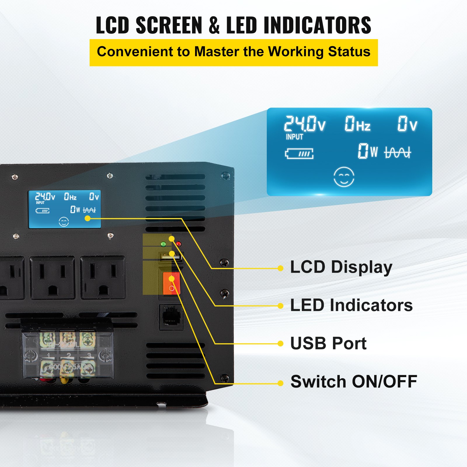 Inversor de onda sinusoidal pura VEVOR con pantalla LCD, indicadores LED, puerto USB e interruptor de encendido/apagado.