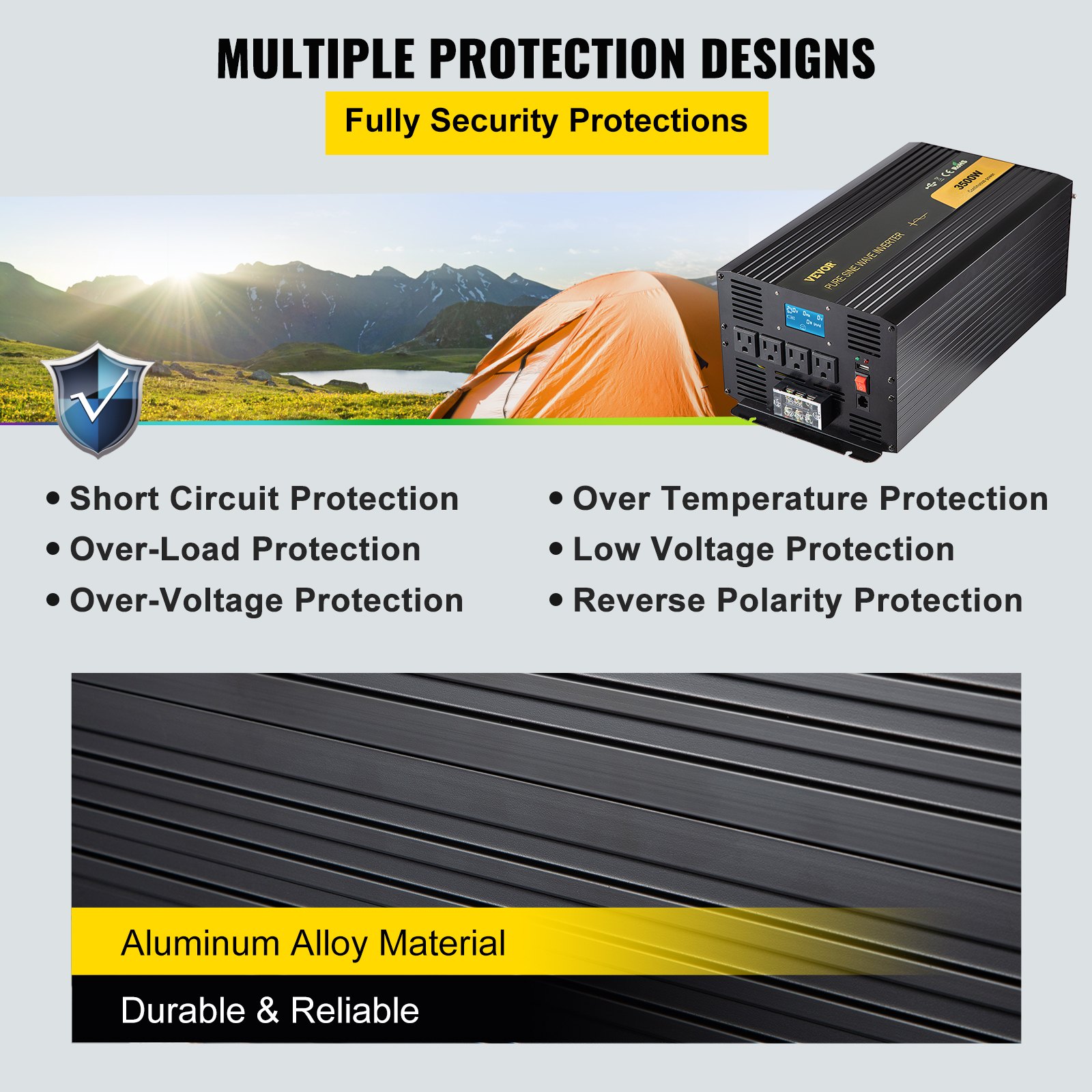 Inversor de onda sinusoidal pura VEVOR con múltiples funciones de protección y aleación de aluminio duradera.