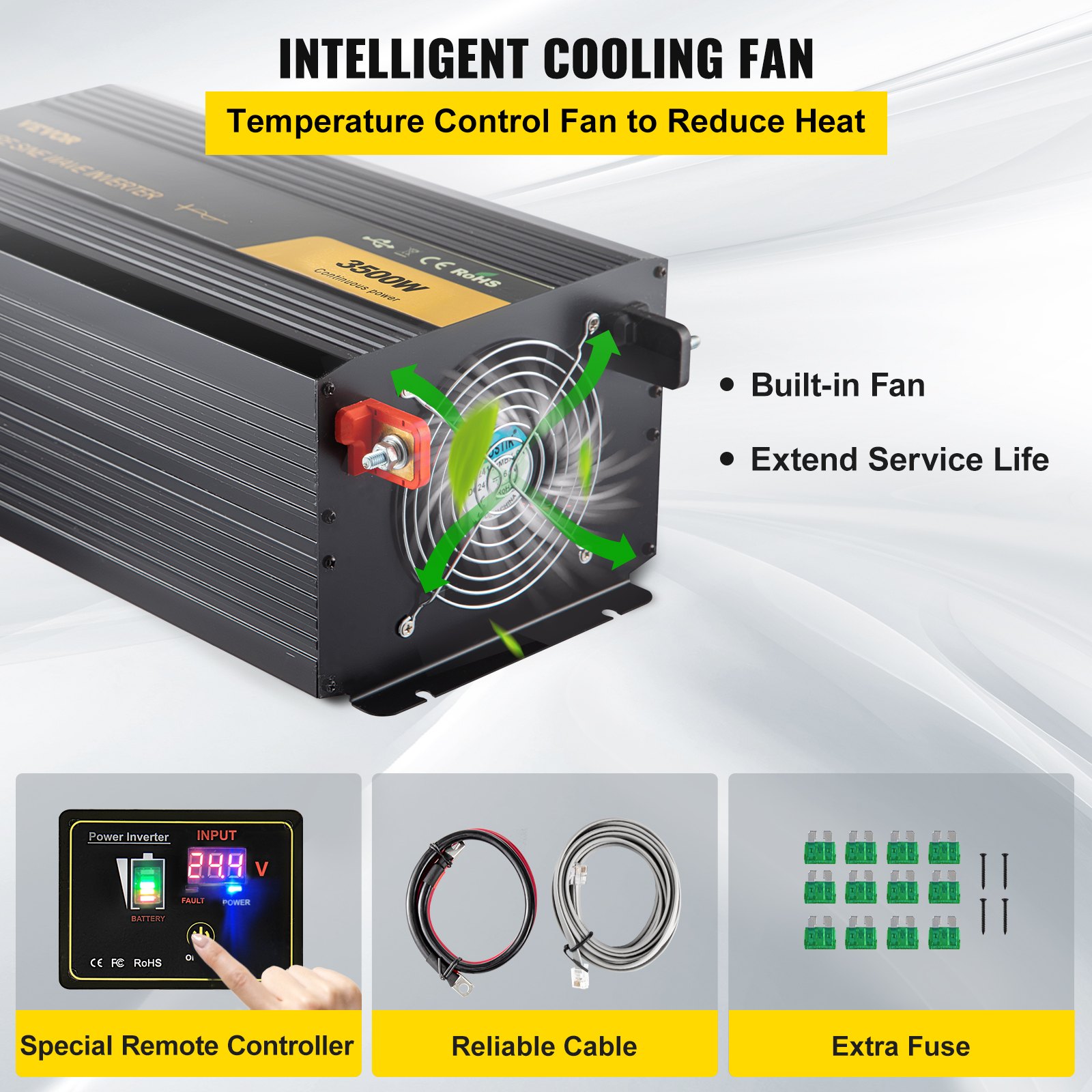 Inversor de onda sinusoidal pura VEVOR con ventilador de refrigeración inteligente, control remoto, cables.