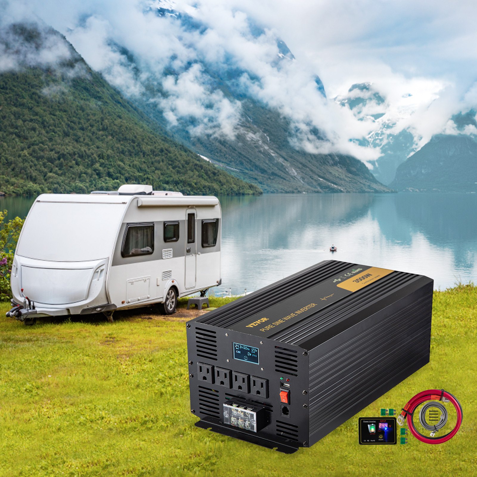 Inversor de onda sinusoidal pura VEVOR junto a una caravana cerca de un lago tranquilo y montañas.