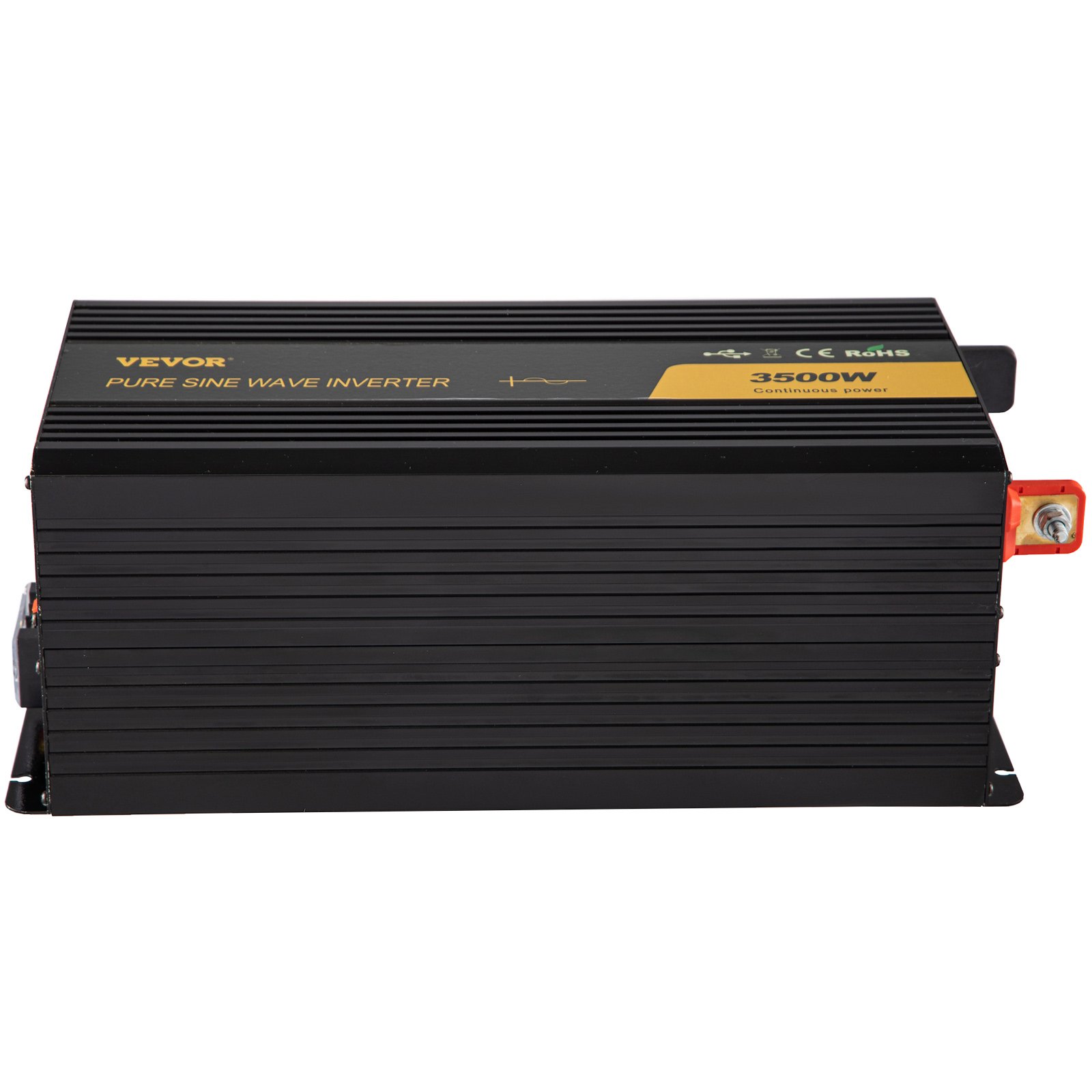 Inversor de onda sinusoidal pura VEVOR, unidad negra de 3500 W con etiqueta amarilla en la parte superior.