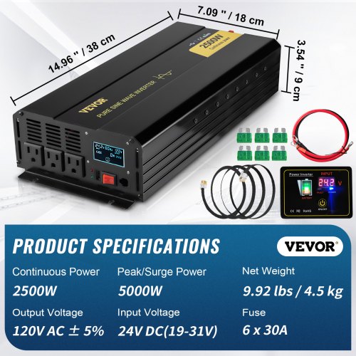 Tuspuzz Inversor de corriente de onda sinusoidal pura VEVOR 2500W DC24V a AC120V inversor LCD